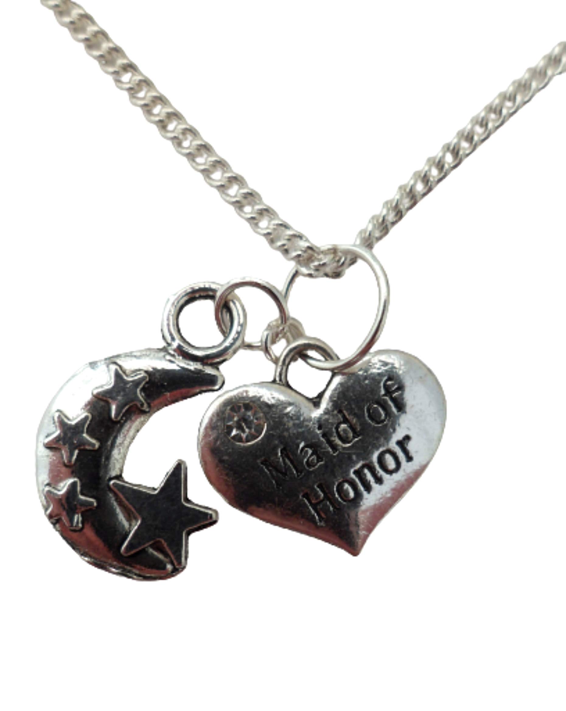 Sterling Silver Plated Necklace for Bridesmaid - Elegant Heart Gem Charm with Star & Moon Pendant - Perfect for Weddings, Anniversaries & Special Occasions