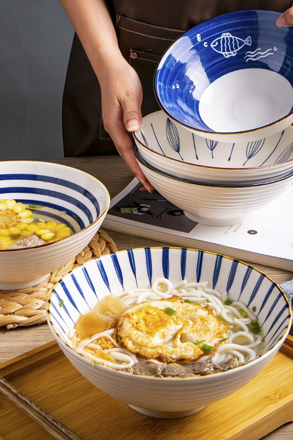 4-Piece Porcelain Bowl Set for Ramen, Pho & Salads - 8-inch, 35oz