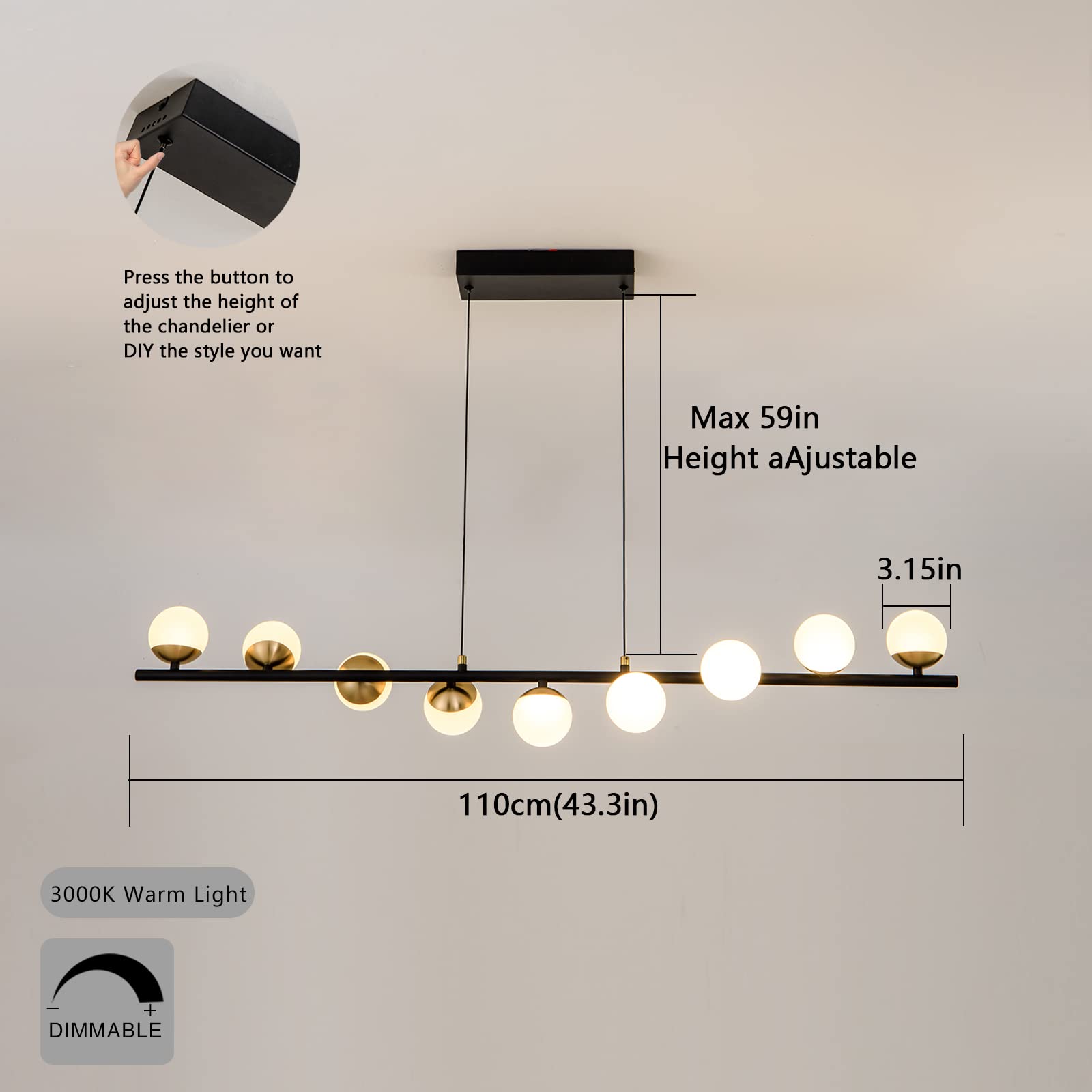 Modern Globe Pendant Lighting - 9-Light LED Dimmable Black & Gold Linear Chandelier for Dining Room, Kitchen, Living Room | Mid-Century Style Hanging Light Fixture | Perfect for Home Decor, Restaurant Lighting, and Office Spaces