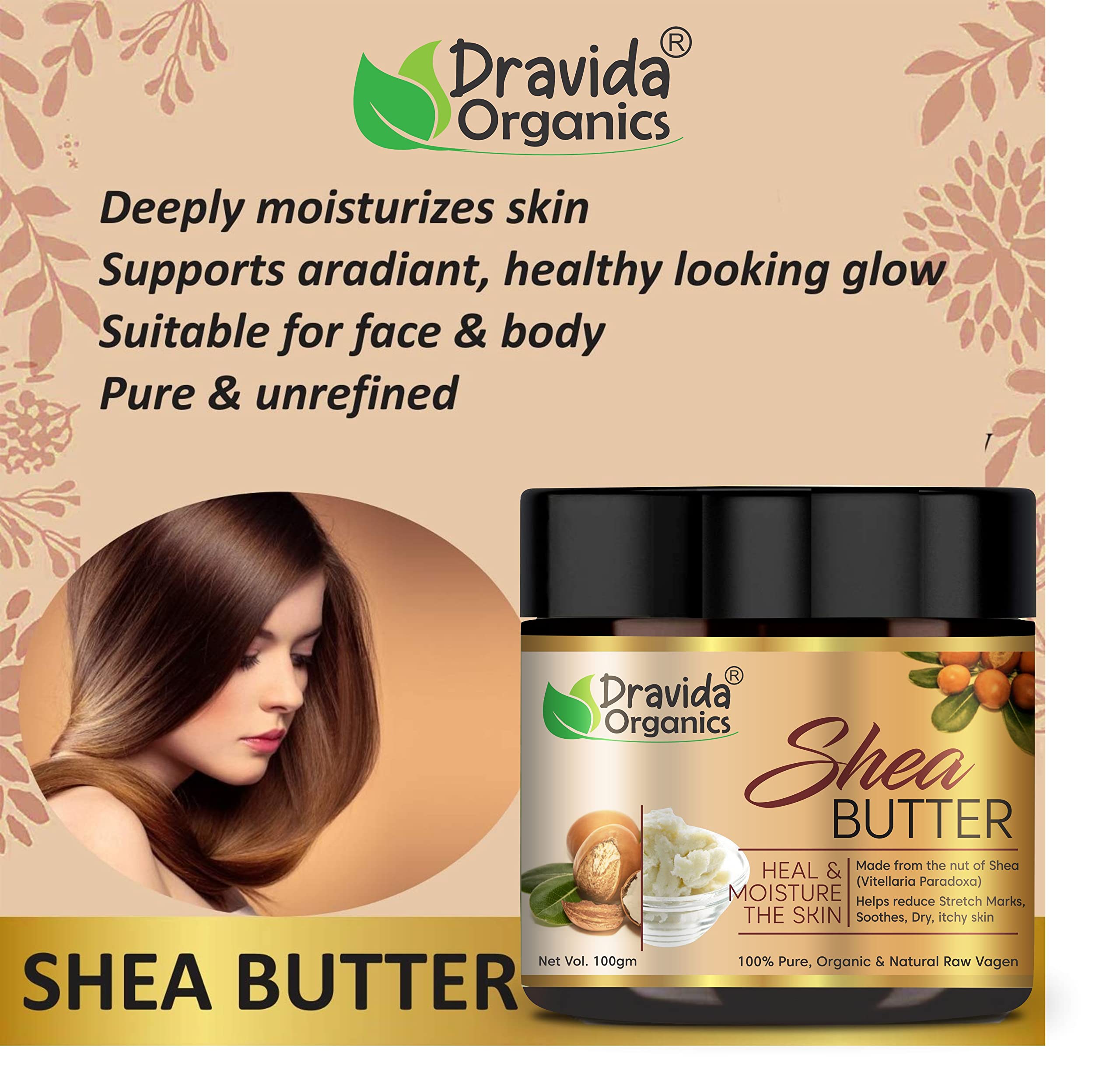 Dravida Organics 100% Pure Unrefined African Raw Shea Butter - Natural Moisturizer for Face, Lips, Skin & Body Care (100g) | Perfect for Dry Skin Treatment, Hair Conditioning & DIY Beauty Recipes