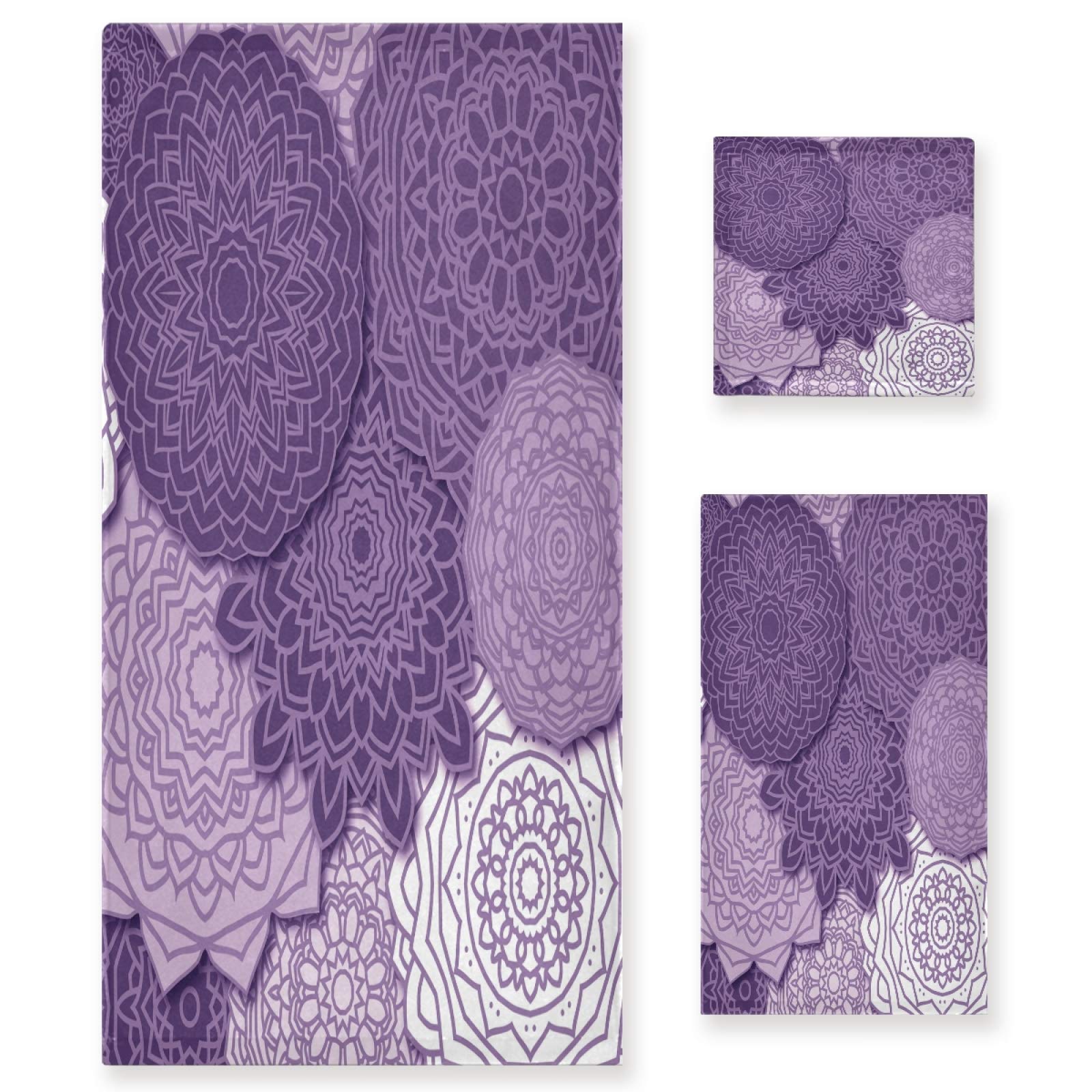 Blueangle Purple Mandala Boho 3-Piece Bath Towel Set - Super Soft & Absorbent Cotton Bath, Hand & Washcloths | Fade Resistant | Perfect for Spa, Bathroom & Boho Home Decor