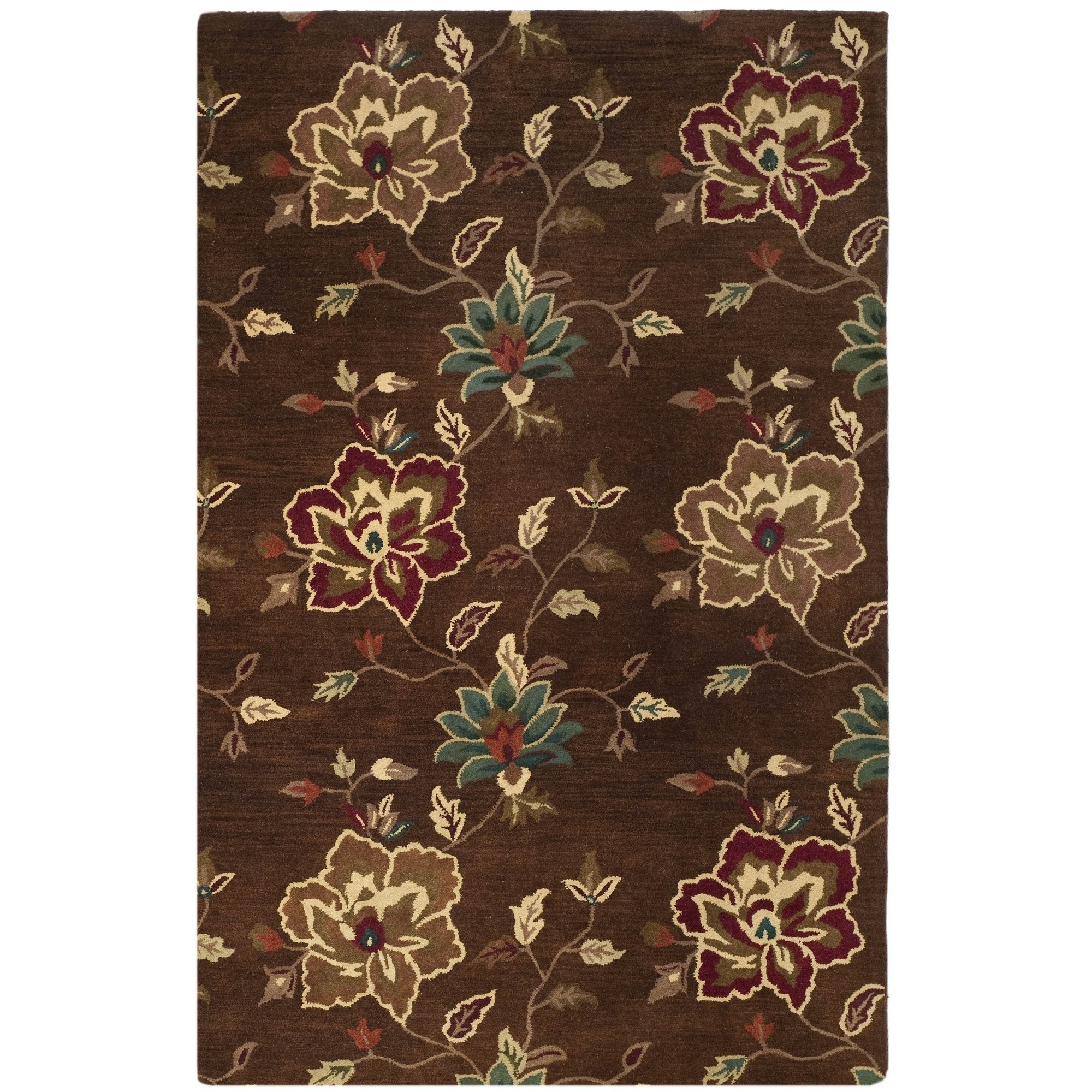 SAFAVIEH Jardin Collection 5' x 8' Brown/Multi Handmade Floral Wool Area Rug - Soft & Durable Living Room Rug for Bedroom, Dining Room & Home Decor