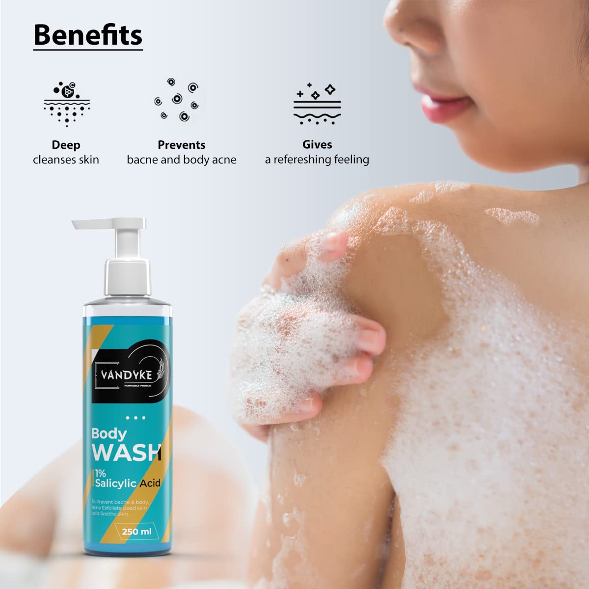 Vandyke 1% Salicylic Acid Body Wash for Acne Treatment - Paraben & SLS Free Shower Gel (250ml) - Gentle Exfoliating Cleanser for Back, Chest & Shoulder Acne - Perfect for Daily Skincare Routine