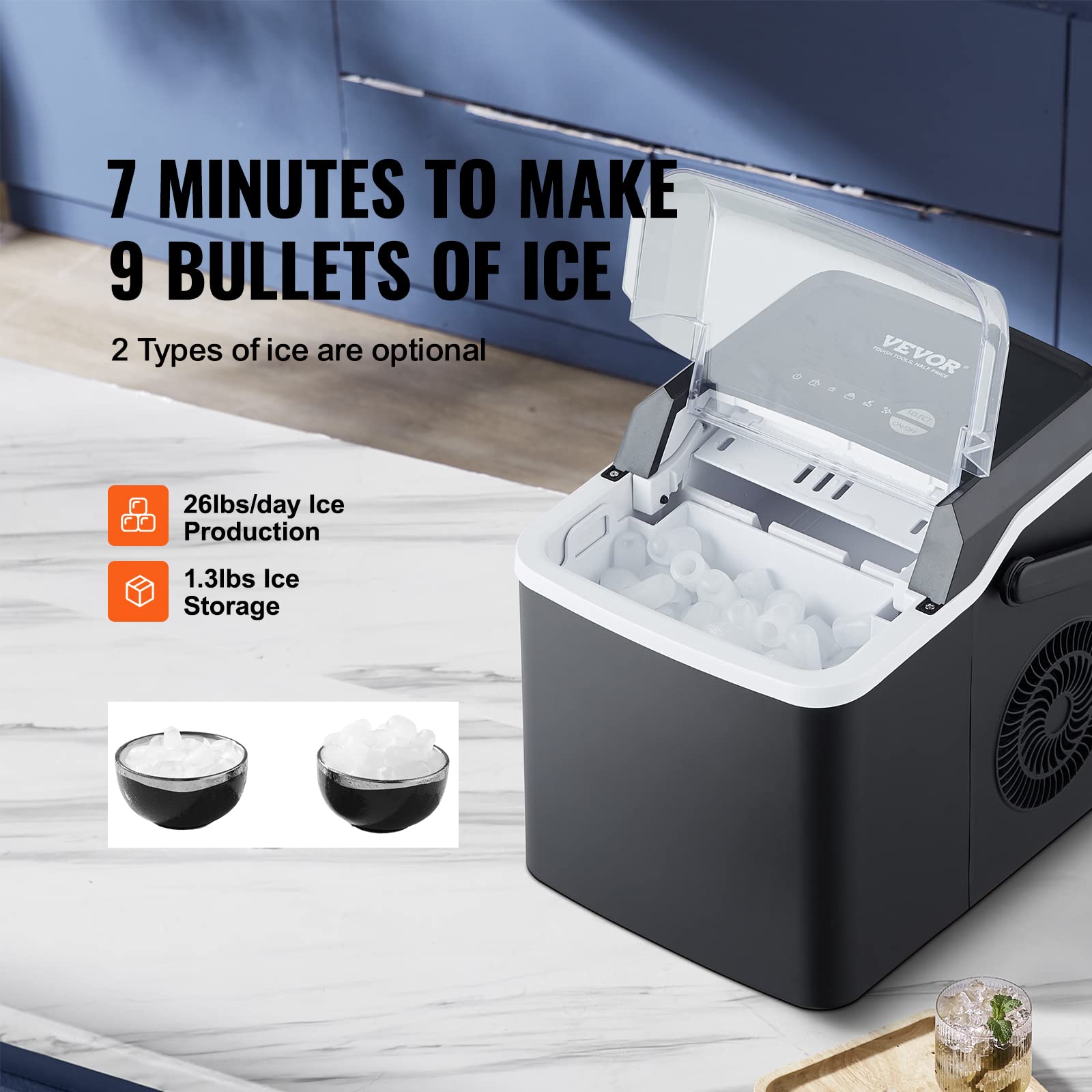 VEVOR Countertop Ice Maker Machine - 26lbs/24H, 9 Ice Cubes in 7 Mins, Self-Cleaning Portable Ice Machine with Scoop & Basket for Home, Kitchen, Office, Camping, RV & Outdoor Use