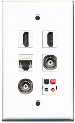 RiteAV 2-Port HDMI, 1-Port BNC, 1-Port Cat5e Ethernet & Speaker Wall Plate - White | Home Theater & AV Setup Wall Plate for Clean Cable Management