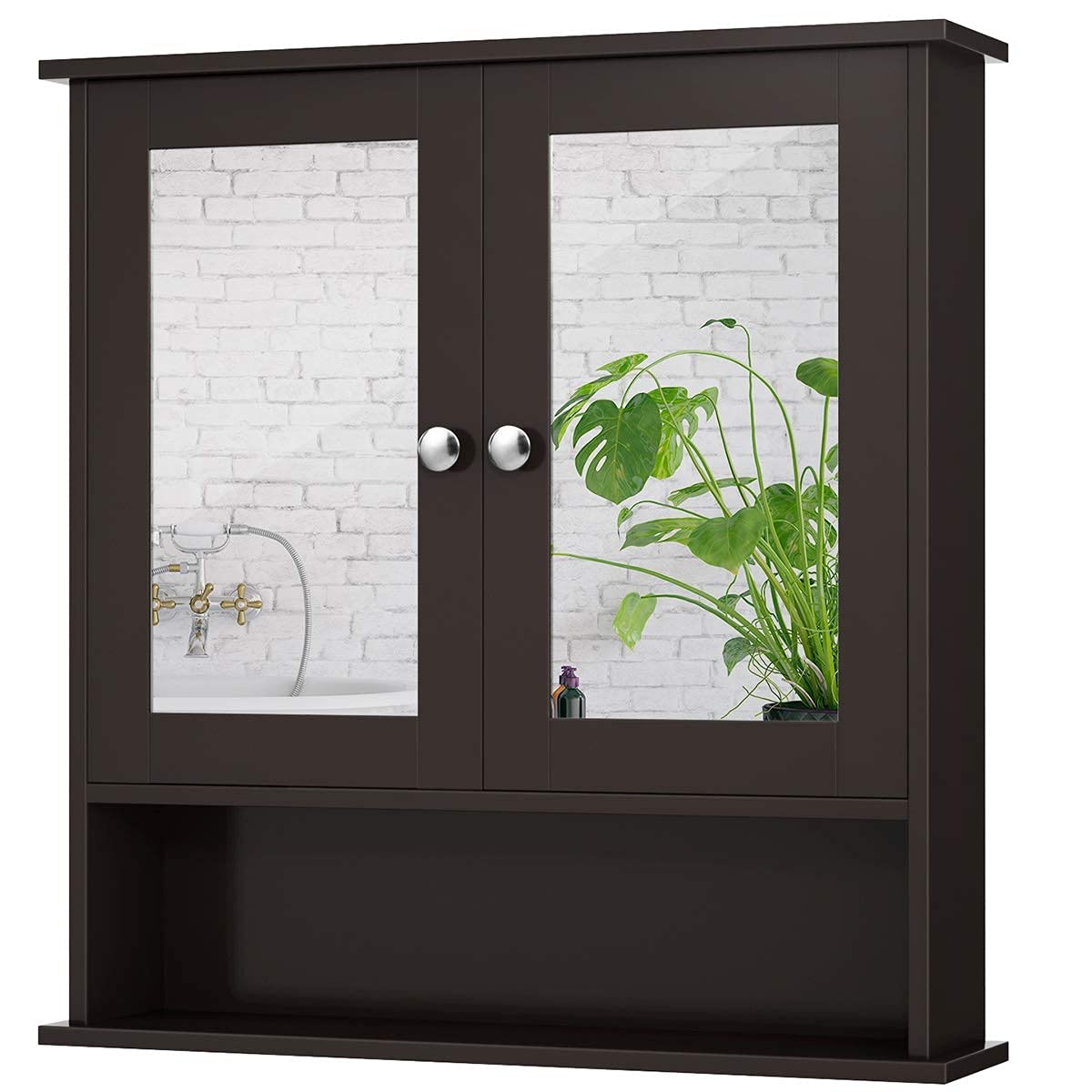Wall Mounted Wooden Bathroom Cabinet with Double Mirror Doors - Over Toilet Storage Organizer with Round Knobs - Space Saving Bathroom, Kitchen & Bedroom Storage Solution (Brown) - Perfect for Small Bathrooms, Apartment Living and Clutter-Free Organization