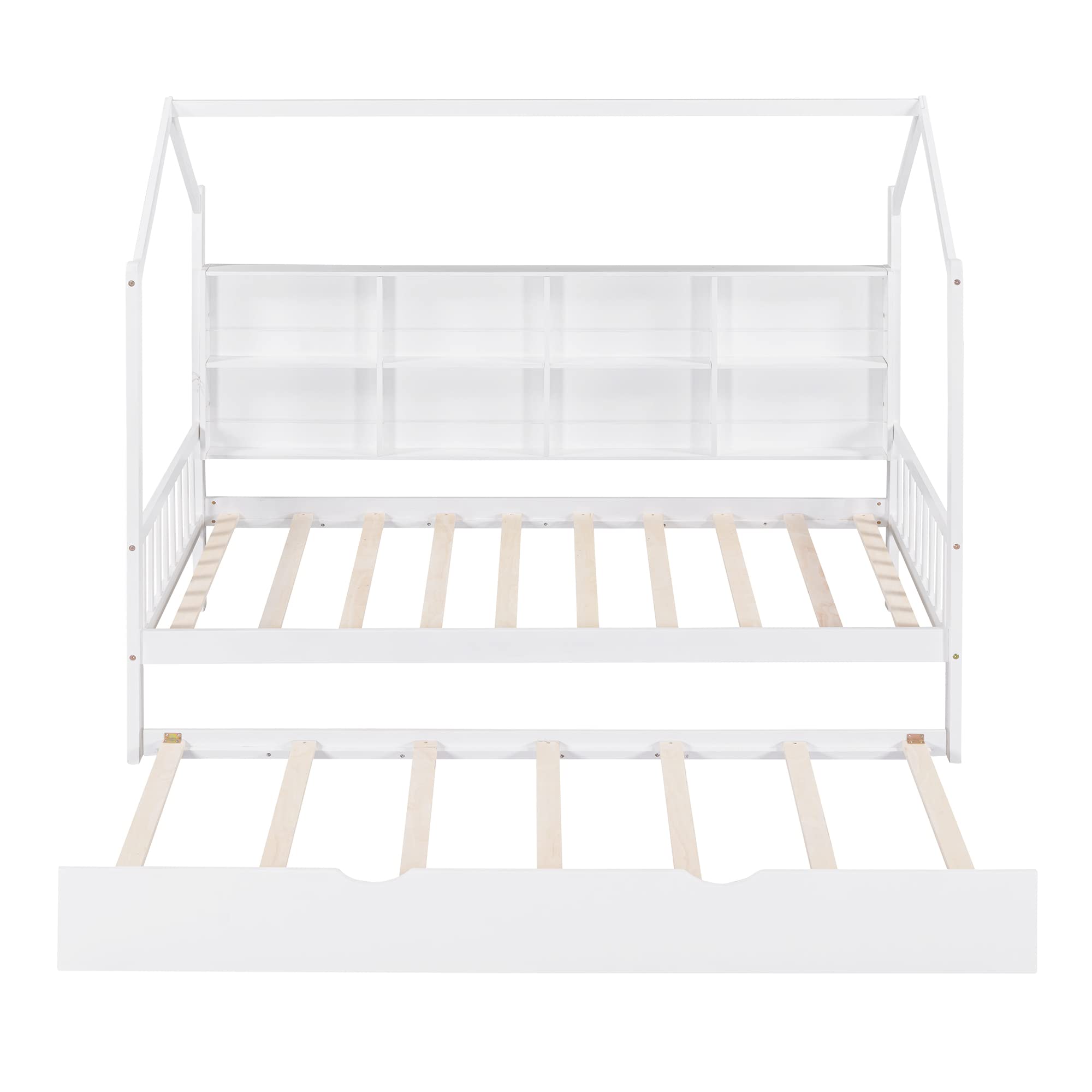 Harper & Bright Designs Twin Size House Bed with Trundle - Solid Wood Twin House Bed Frame with Storage Shelf, Playhouse Bed for Kids & Toddlers (Girls & Boys), No Box Spring Needed, White - Perfect for Bedroom, Playroom & Nursery Decor