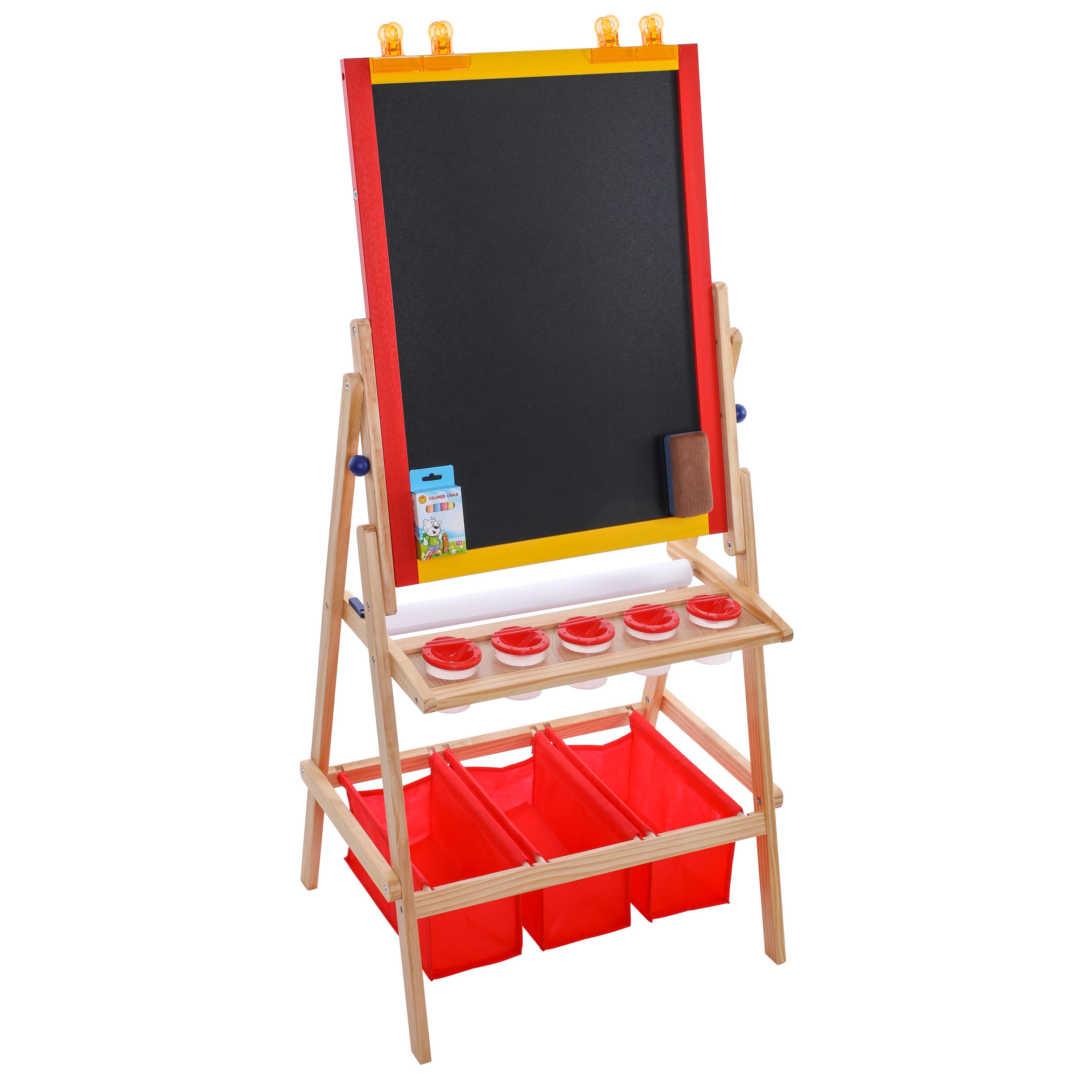 Double Sided Kids Art Easel Board - Chalkboard & Dry Erase Board with Paper Roll, 3 Storage Bins & 5 No-Spill Paint Cups - Perfect for Home, Classroom & Preschool Creative Activities