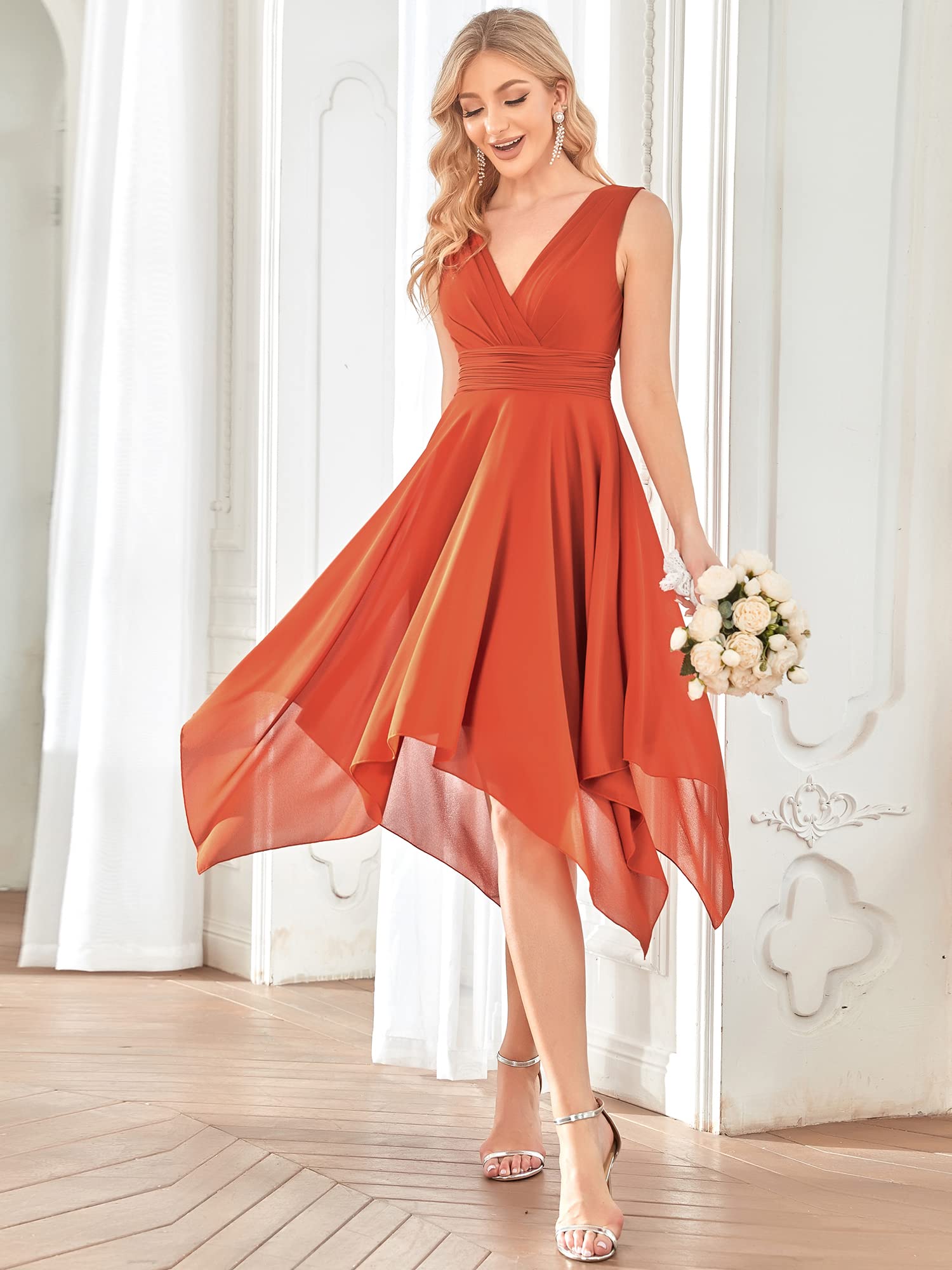 Ever-Pretty Women's Elegant V-Neck Pleated Waist Sleeveless Chiffon Cocktail Dress with Irregular Hem - Perfect for Wedding Guest, Bridal Shower, Party & Special Occasions (Style 03142)