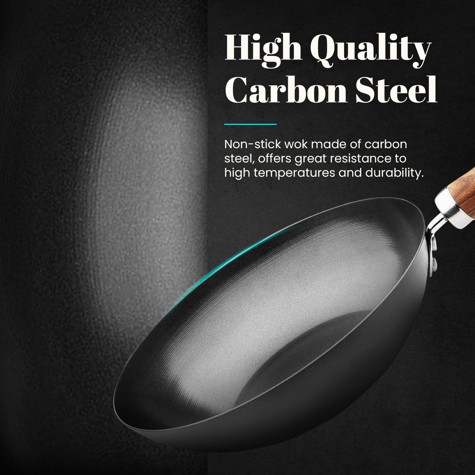 WECOOK! 20cm Carbon Steel Induction Wok Pan - Titanium Nonstick QUANTANIUM Eco-Friendly 3-Layer PFOA-Free Coating, Wood-Like Handle, Compatible with Glass Ceramic, Gas, Dishwasher Safe - Perfect for Stir-Frying, Sautéing & Asian Cooking