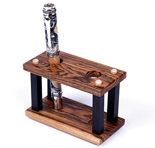Premium Bocote & Ebony Wood Pen Stand - Handcrafted 2-Pen Display Holder for Fountain Pens, Ballpoints & Calligraphy - Perfect for Office Desk, Writing Station & Gift Giving