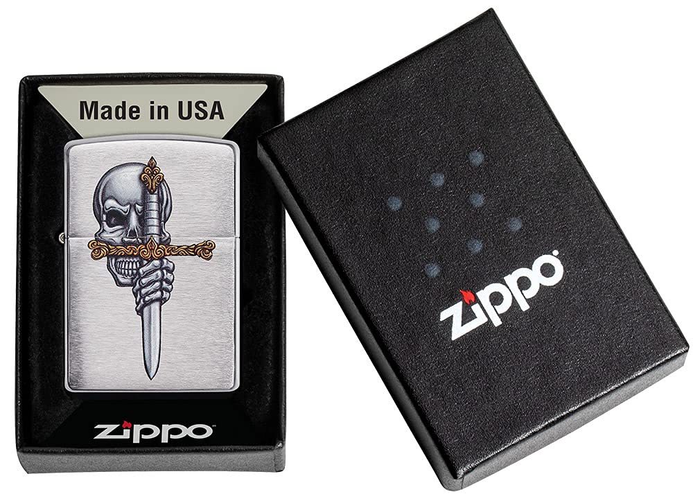 Zippo Sword Skull Design Brushed Chrome Windproof Pocket Lighter - Perfect for Outdoor Camping, Hiking & Everyday Carry (ECDC)