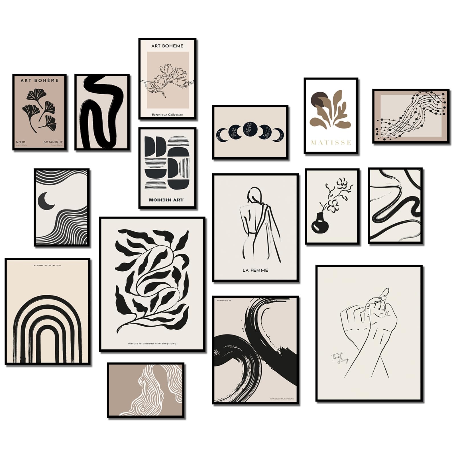 Black and White Abstract Canvas Wall Art Set - 16 Piece Boho Wall Decor for Bedroom, Living Room & Office | Unframed Picasso Style Art Prints | Modern Vintage Home Decor | Perfect for Gallery Walls & Minimalist Spaces