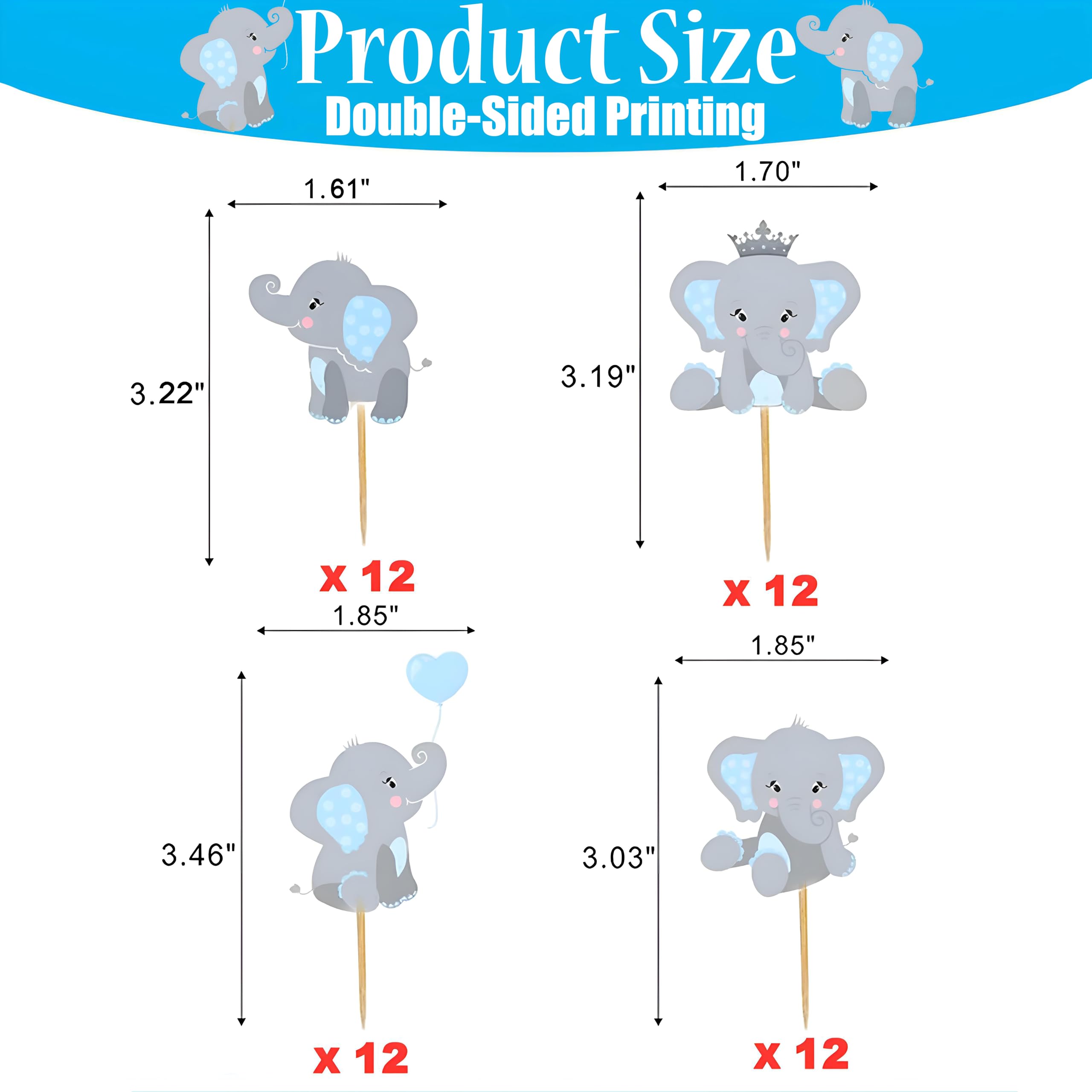 48Pcs Blue Elephant Cupcake Toppers for Baby Shower & Birthday Party Decorations - Double Sided Boy Baby Shower Supplies - Perfect for Baby Boy Theme Parties, Gender Reveals & 1st Birthday Celebrations