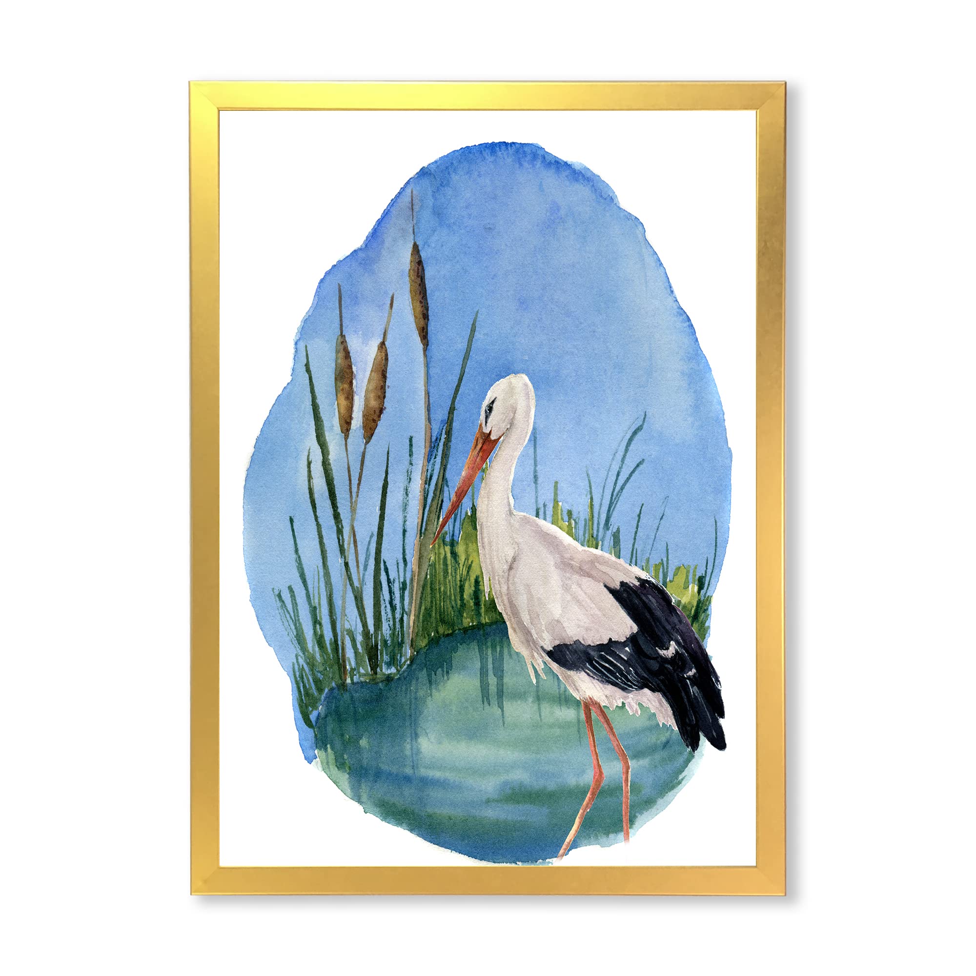 DesignQ White Stork On The Swamp Traditional Framed Wall Art - Nature Inspired Home Decor for Living Room, Bedroom & Office