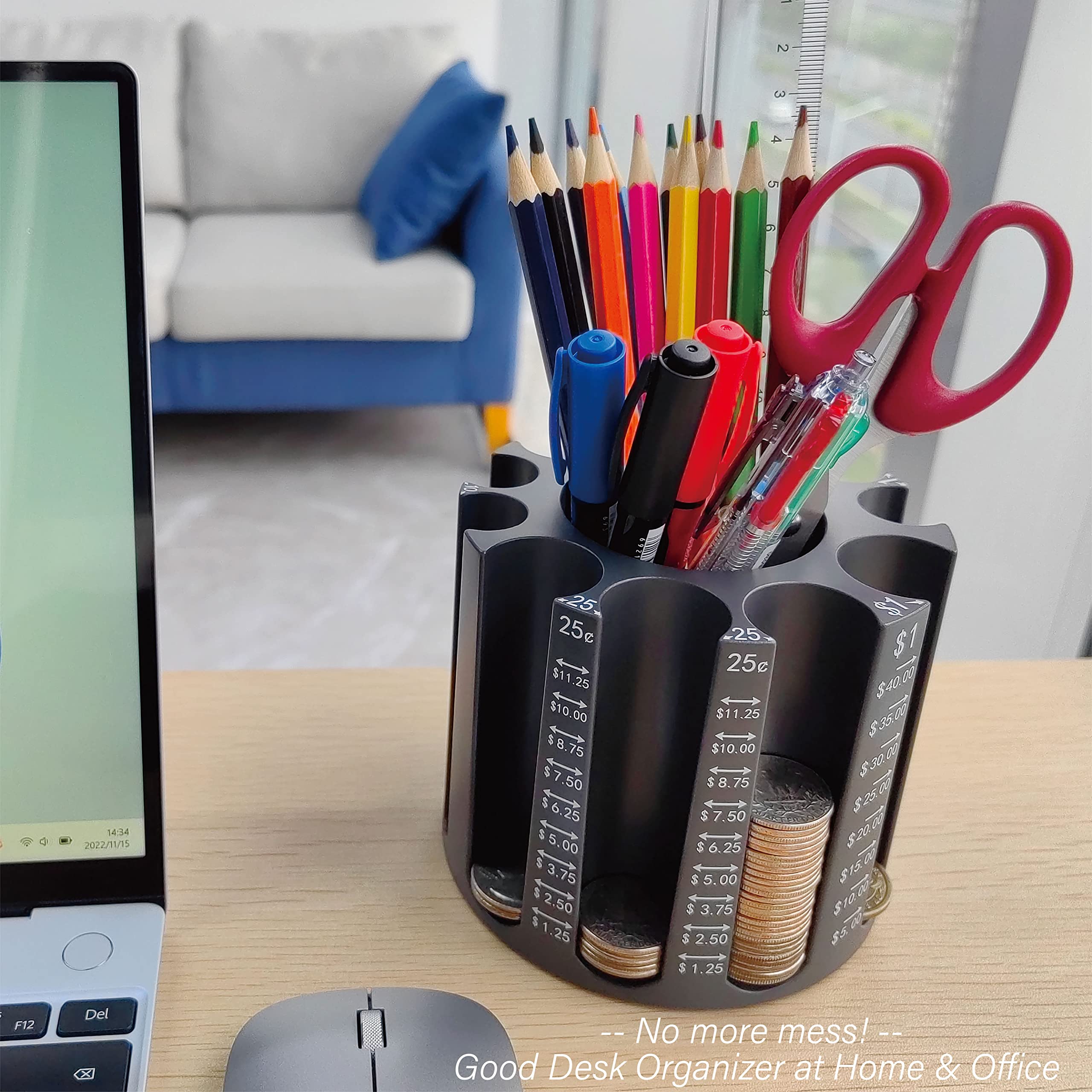 Coin Counter and Sorter with Pen Holder | Desk Organizer for Coins & Pencils | Piggy Bank for Adults & Kids | Holds 500 Coins with Wrappers | Unique Gift for Family & Office Use | Perfect for Home, Office, and Classroom Organization