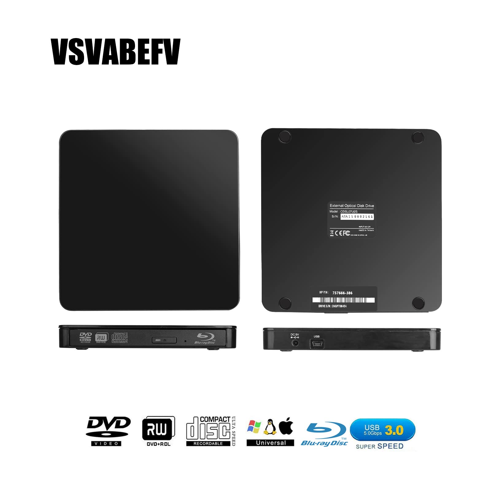 VSVABEFV USB 3.0 External DVD Blu-ray Burner - BD-RE/CD-RW Drive with 3D Playback for Mac & PC - Perfect for Laptop, Desktop, Home Theater & Office Use