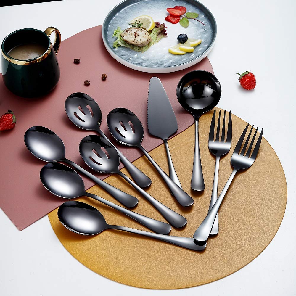 Premium 10-Piece Stainless Steel Flatware Serving Set - Black Kitchen Utensils with Slotted Spoon, Cake Server, Fork & Soup Ladle - Perfect for Dinner Parties, Catering & Home Entertaining