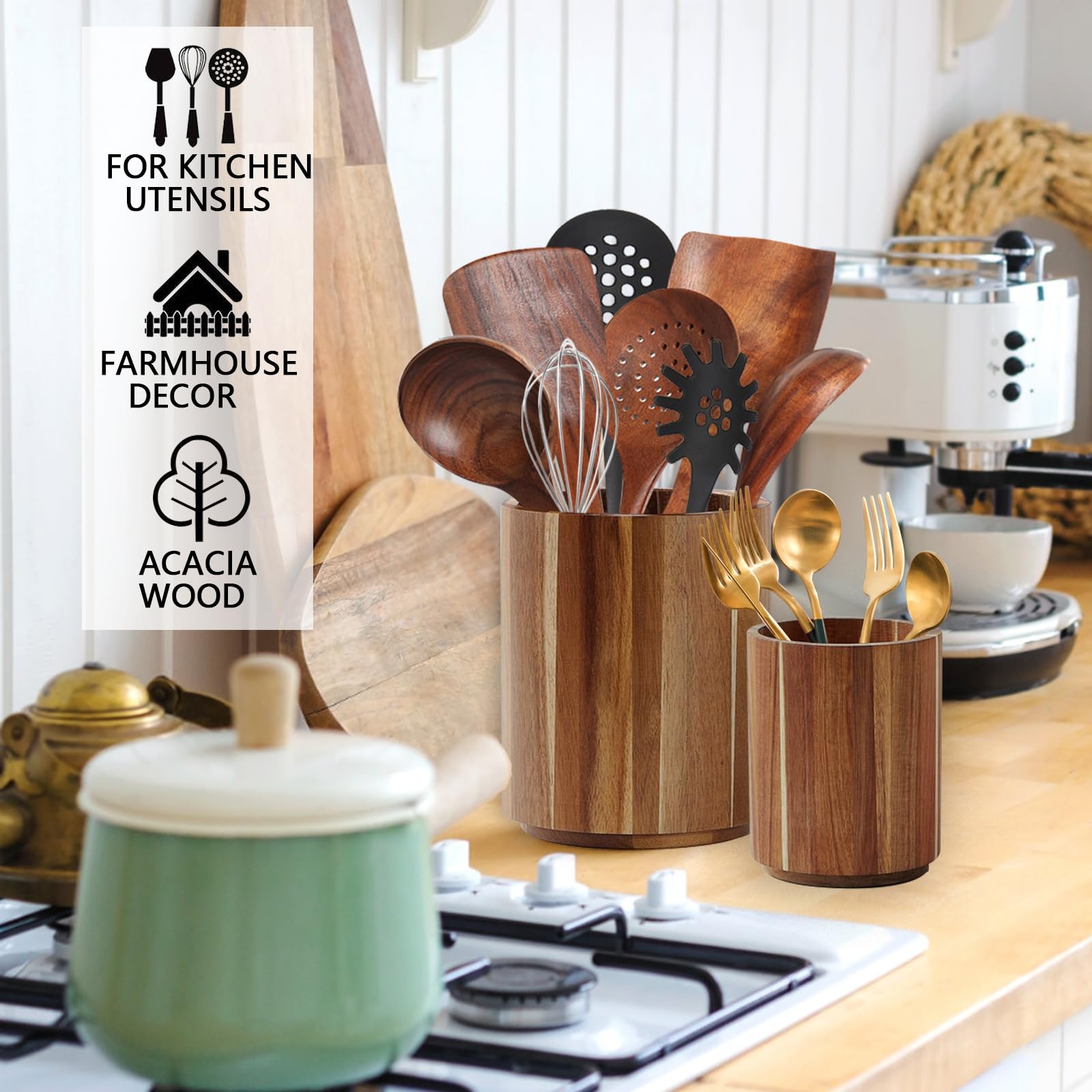 Premium Acacia Wood Kitchen Utensil Holder - 360° Rotating Organizer with 7.3