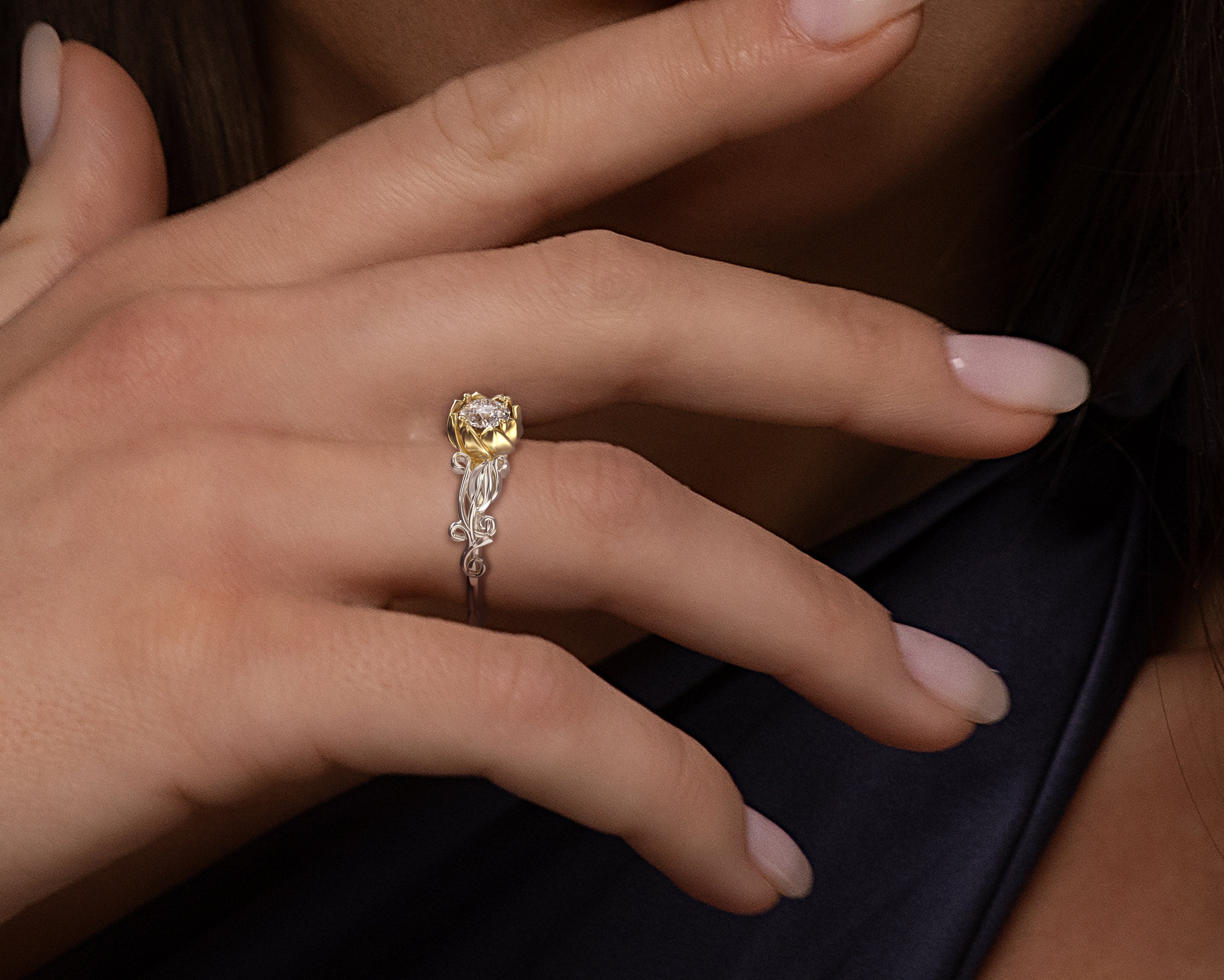 Lotus Flower Two Tone Gold Solitaire Engagement Ring for Women - 14K Rose & White Gold Wedding Band, Elegant Bridal Jewelry Gift for Her - Perfect for Proposals, Anniversaries, and Special Occasions