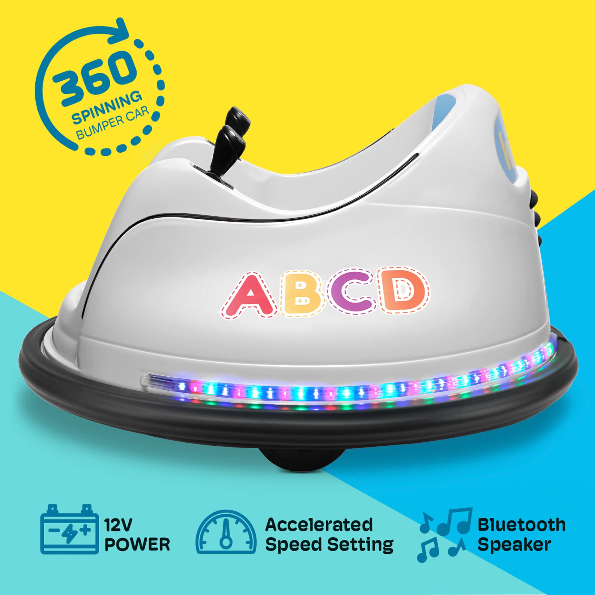 Kidzone 12V 2-Speeds Electric Ride On Bumper Car for Kids Ages 1.5-6 Years - Remote Control, LED Lights, Bluetooth, 360° Spin - ASTM Certified Toddler Toy Gift for Indoor/Outdoor Play & Birthday Parties