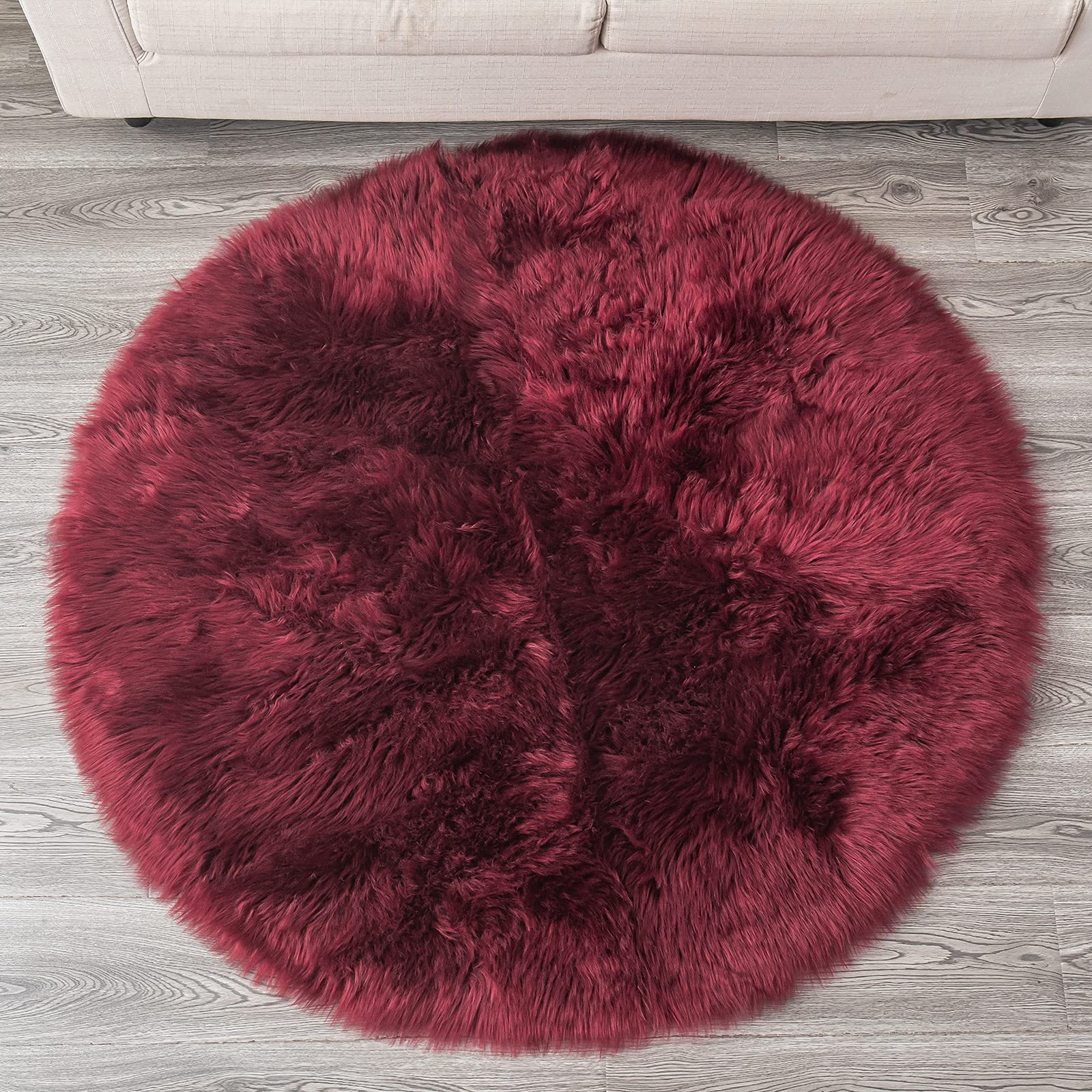 Faux Sheepskin Round Rug - 4ft Fluffy Carpet for Living Room & Nursery