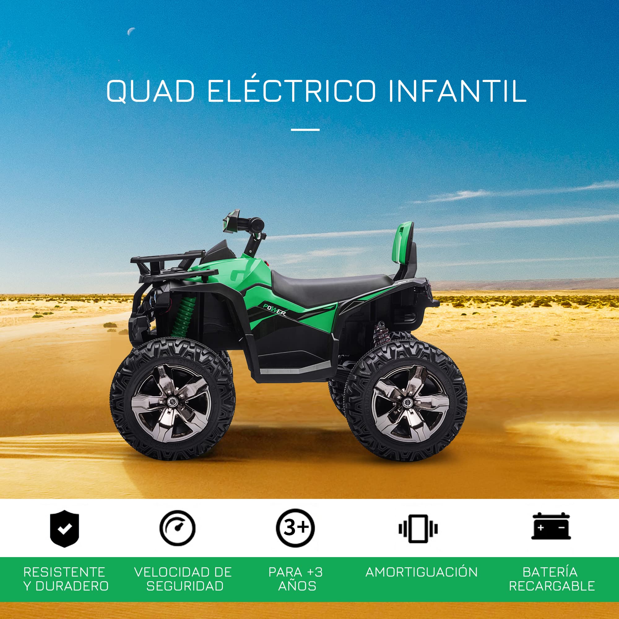 HOMCOM 12V Kids Electric Quad for Ages 3+ with 2 Motors, LED Lights, Music & Suspension Tires - Battery Powered Ride-On Toy with Forward/Reverse Buttons (100x65x73cm, Green) - Perfect for Outdoor Play, Birthday Gifts & Backyard Adventures