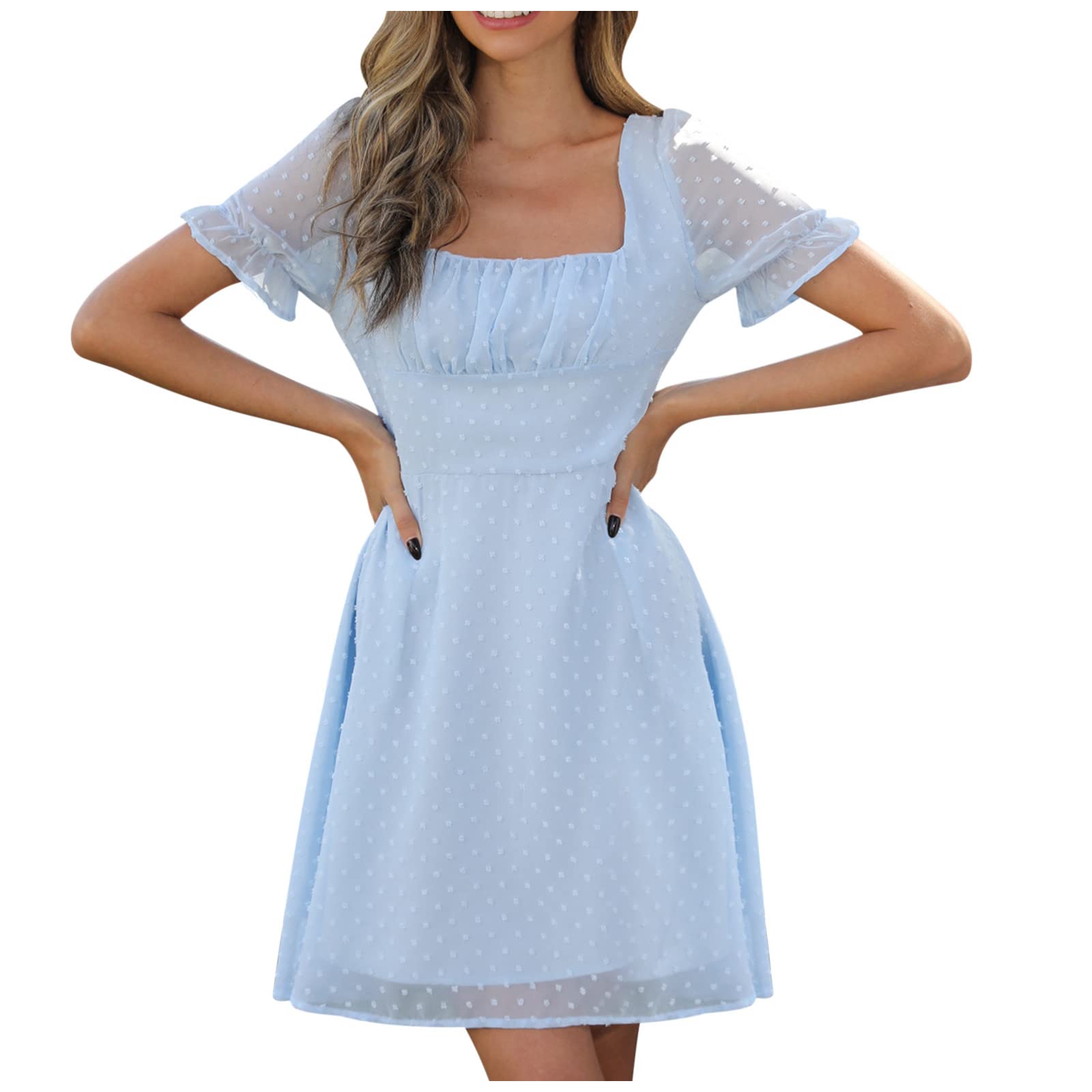 SHINELOVE Women's Summer Short Sleeve Ruffle Square Neck Bodycon Mini Dress for Party, Club, Date Night & Special Occasions | Flattering Fit & Fashionable Design