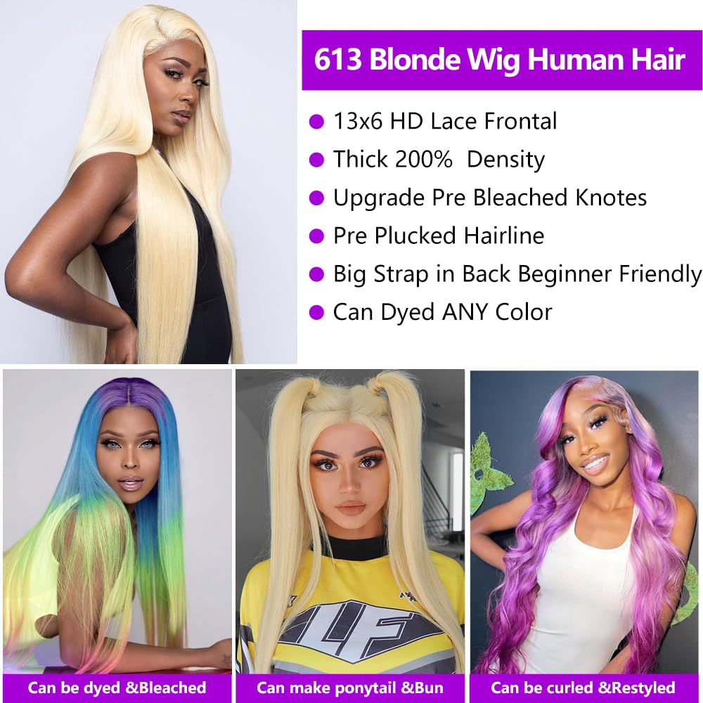 32 Inch 613 Blonde Straight Human Hair Lace Front Wig - 13x6 HD Lace Frontal, 200 Density, Pre-Plucked Hairline - Natural Look for Women | Perfect for Daily Wear, Cosplay, and Special Occasions