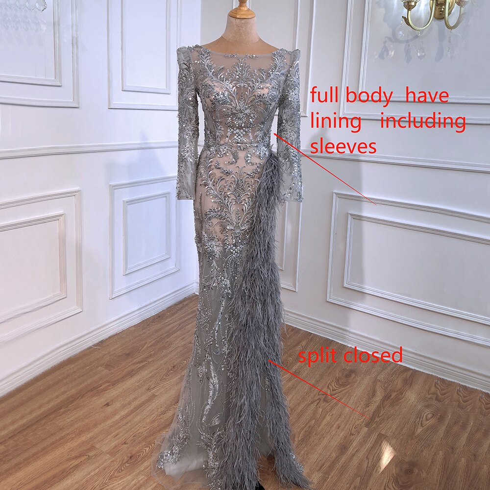 Elegant Grey Mermaid Evening Gown with Beading & Feathers - Luxury Formal Dress for Women | Perfect for Prom, Gala & Special Occasions