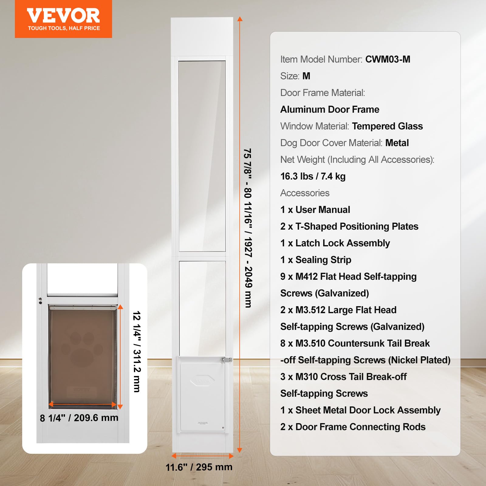 VEVOR Adjustable Dog Door for Sliding Glass Doors - 75 7/8