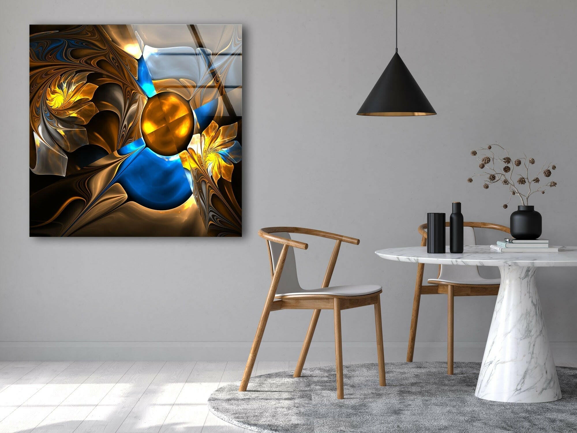 Abstract Blue & Gold Fractal Glass Wall Art - Modern Home Decor for Living Room, Bedroom, Office - Unique Handmade 3D Wall Sculpture for Contemporary Interior Design