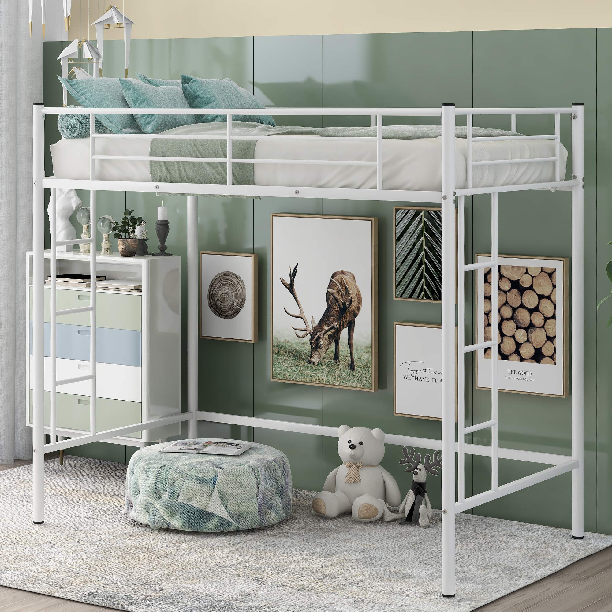 Twin Metal Loft Bed with Ladders & Guardrails - Space-Saving Junior Bed Frame for Small Rooms