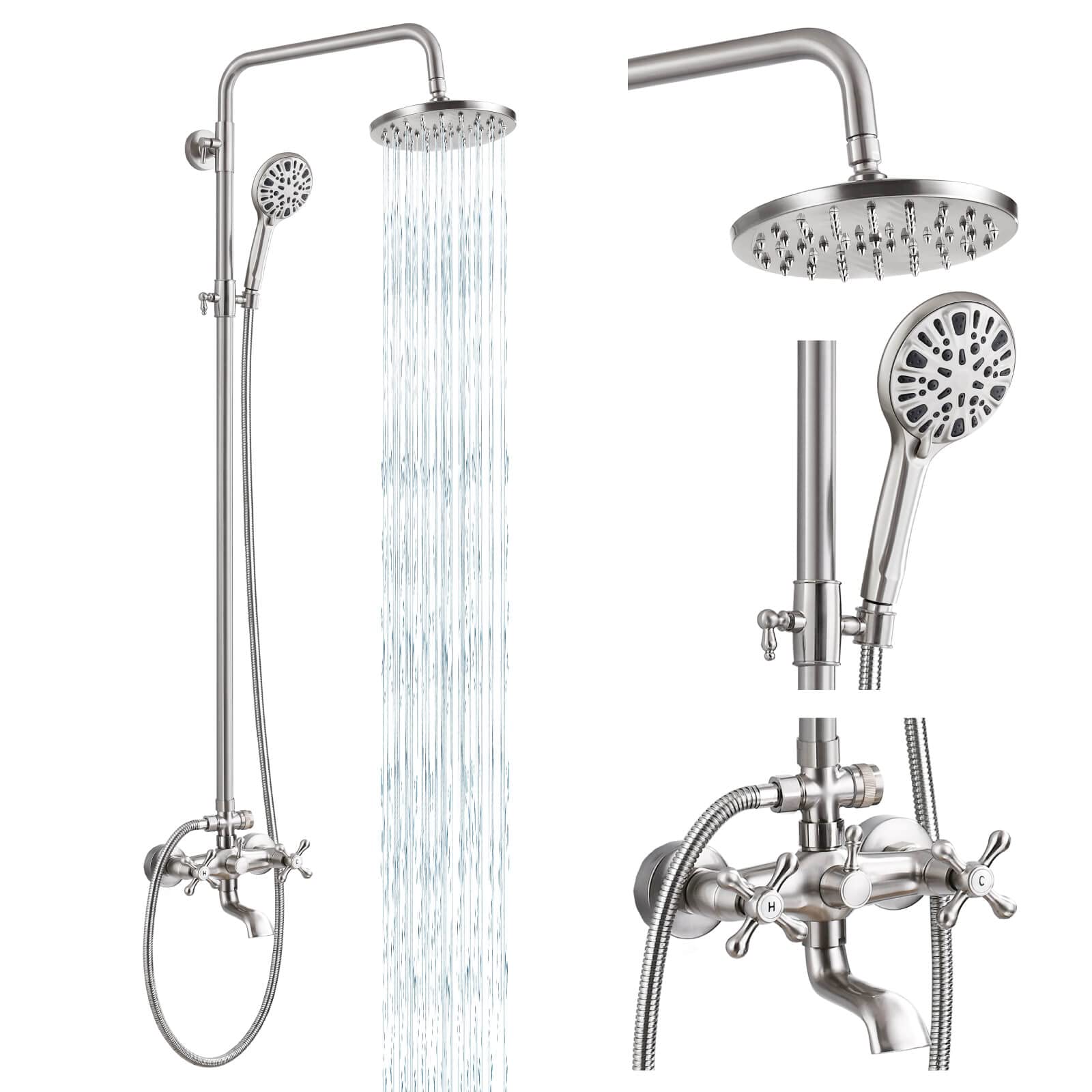 Brushed Nickel Shower Faucet Set with ABS Handheld Sprayer - 8 Inch Exposed Rain Shower Head, Triple Function, 2 Double Knob Handles & Tub Spout - Complete Bathroom Shower System for Modern Homes (Ideal for Master Bathrooms & Spa-Like Showers)