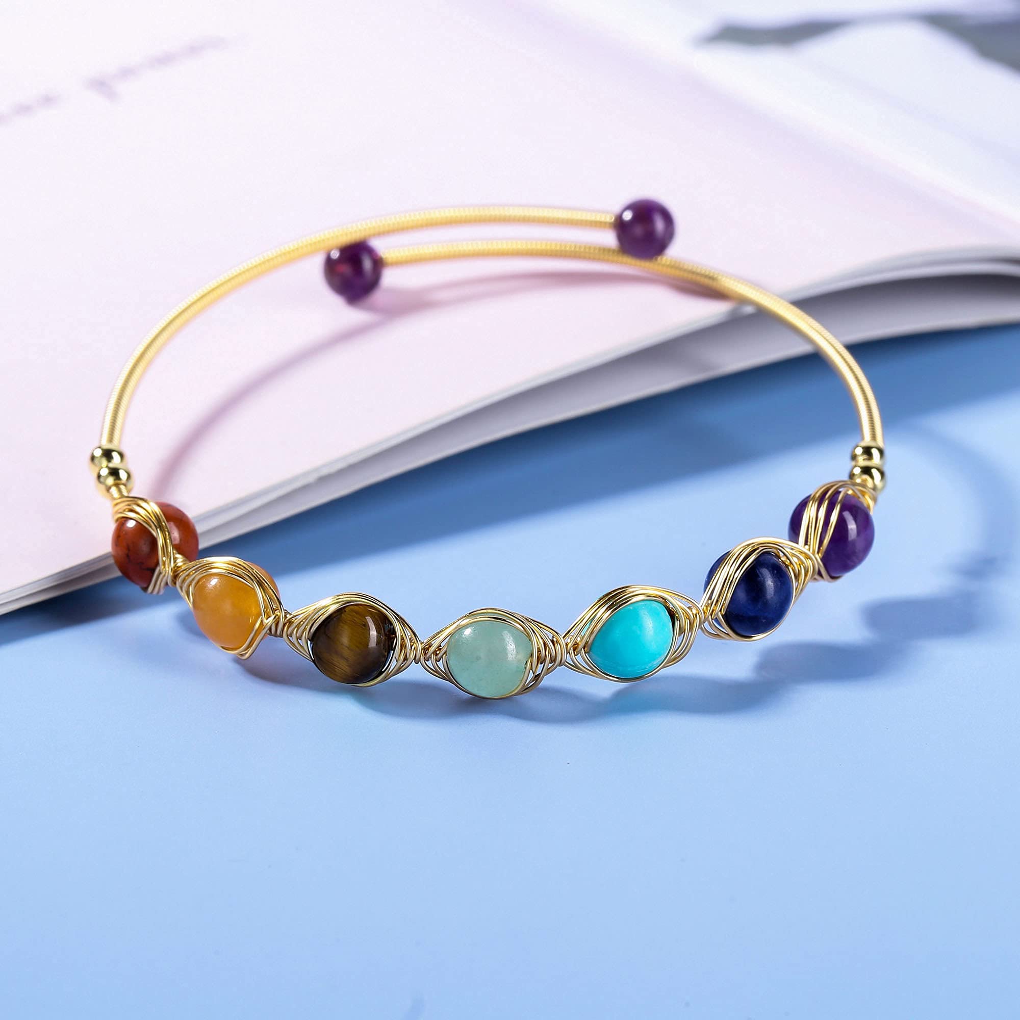 7 Chakra Healing Crystal Stone Bead Adjustable Ankle Bracelet - 14K Gold Plated Spiritual Jewelry for Women, Ladies, Mom | Birthday Gift, Meditation, Yoga, Energy Balancing Accessory