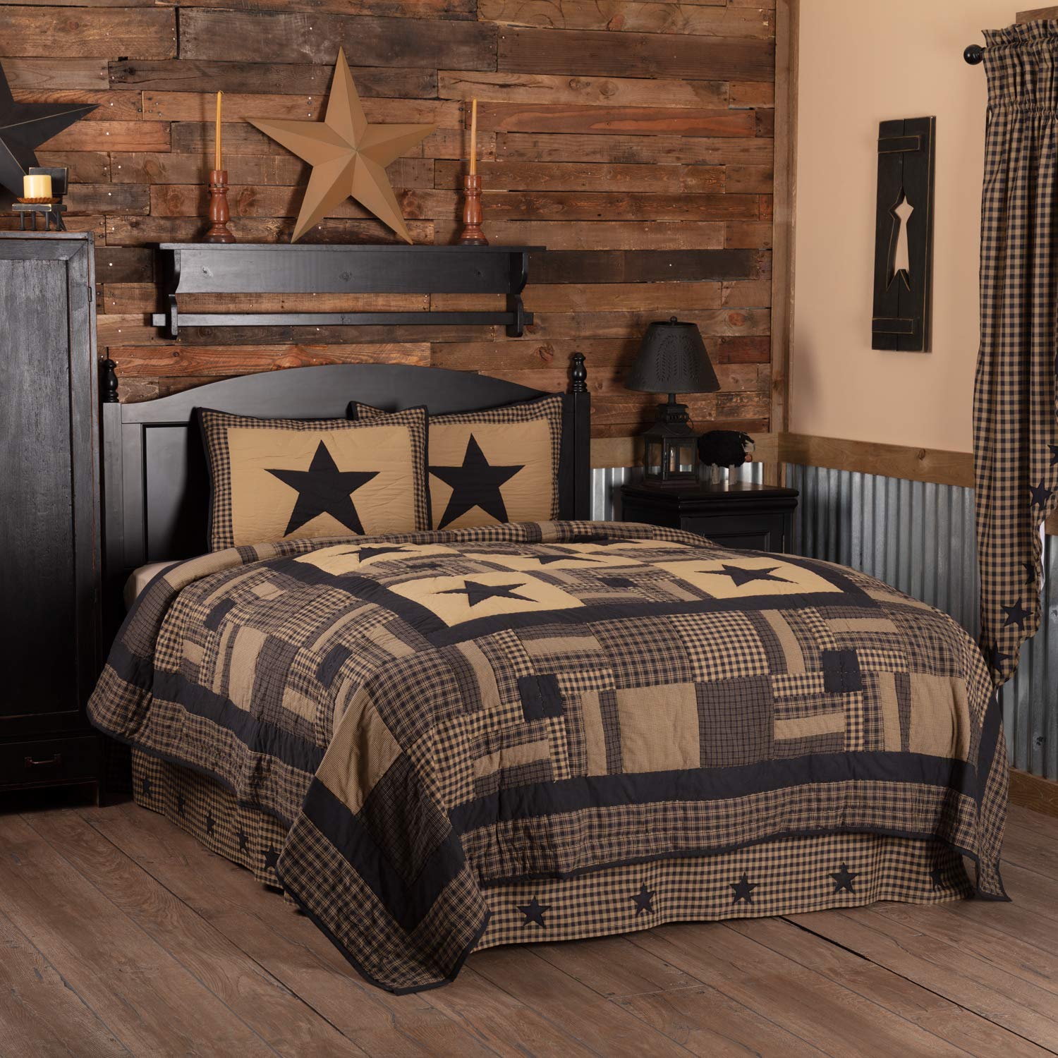 VHC Brands Black Check Star 2-Piece Twin Quilt Set - Country Rustic Primitive Design in Black and Tan - Perfect for Farmhouse, Cabin, or Vintage Style Bedrooms
