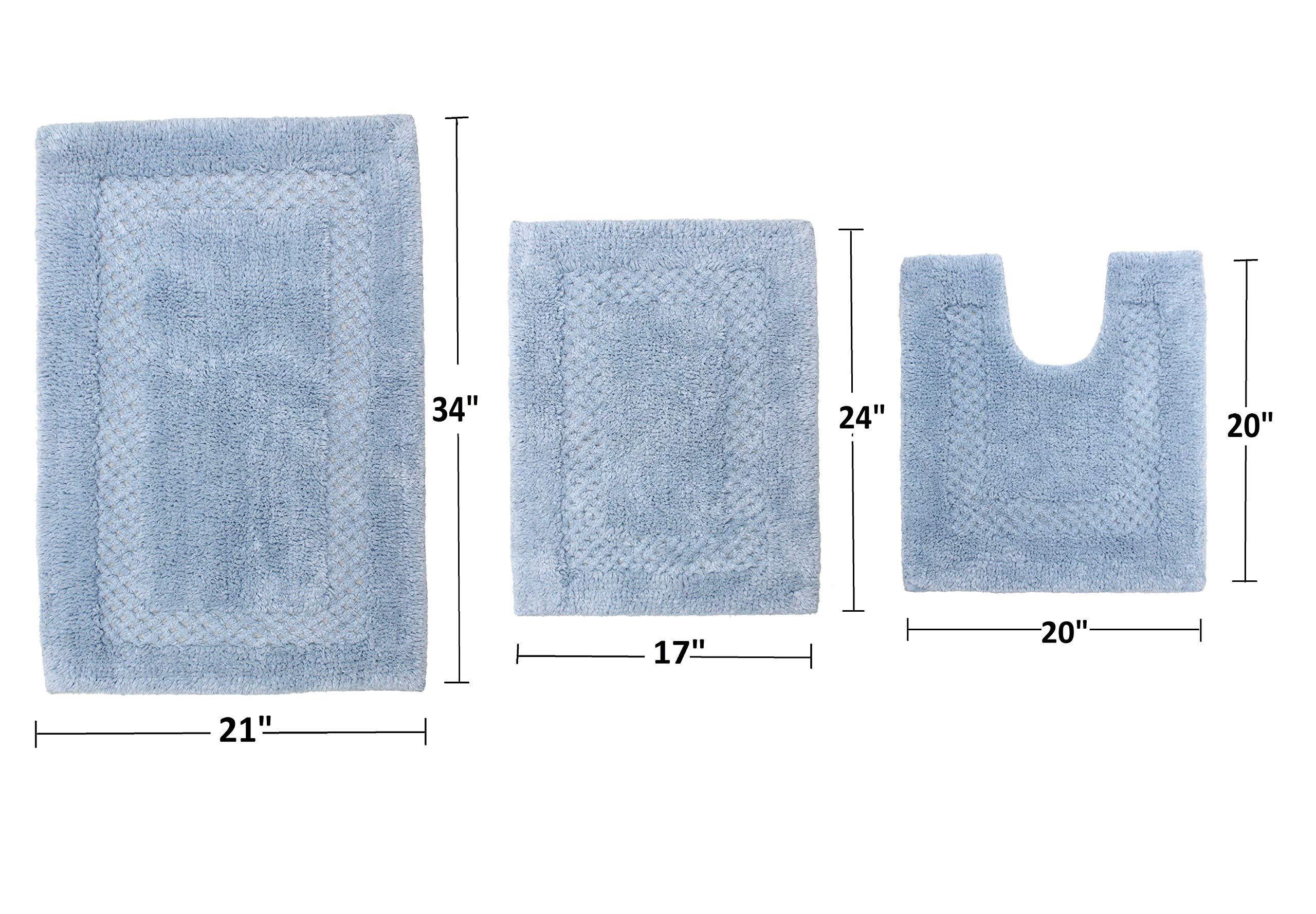 Premium 100% Cotton Bathroom Rugs Set - Ultra Soft & Absorbent Non-Slip Bath Mat, Washable Contour Bathroom Floor Mat & Kitchen Rug (3-Piece Set, Blue) - Perfect for Bathroom Safety & Cozy Home Decor