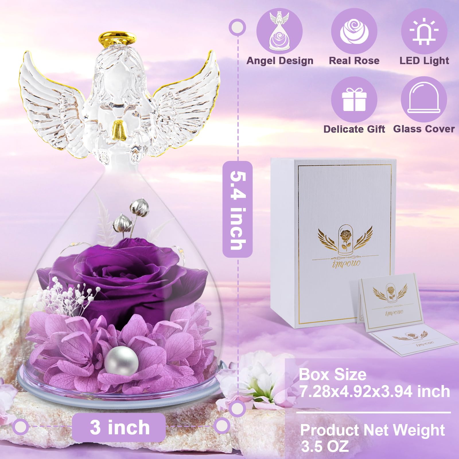 Angel Gifts for Women - Preserved Rose Flower in Glass Angel Figurine with LED Light, Perfect Mother's Day, Christmas, Thanksgiving & Valentine's Day Gift for Grandma, Mom & Wife - Romantic Home Decor & Thoughtful Present