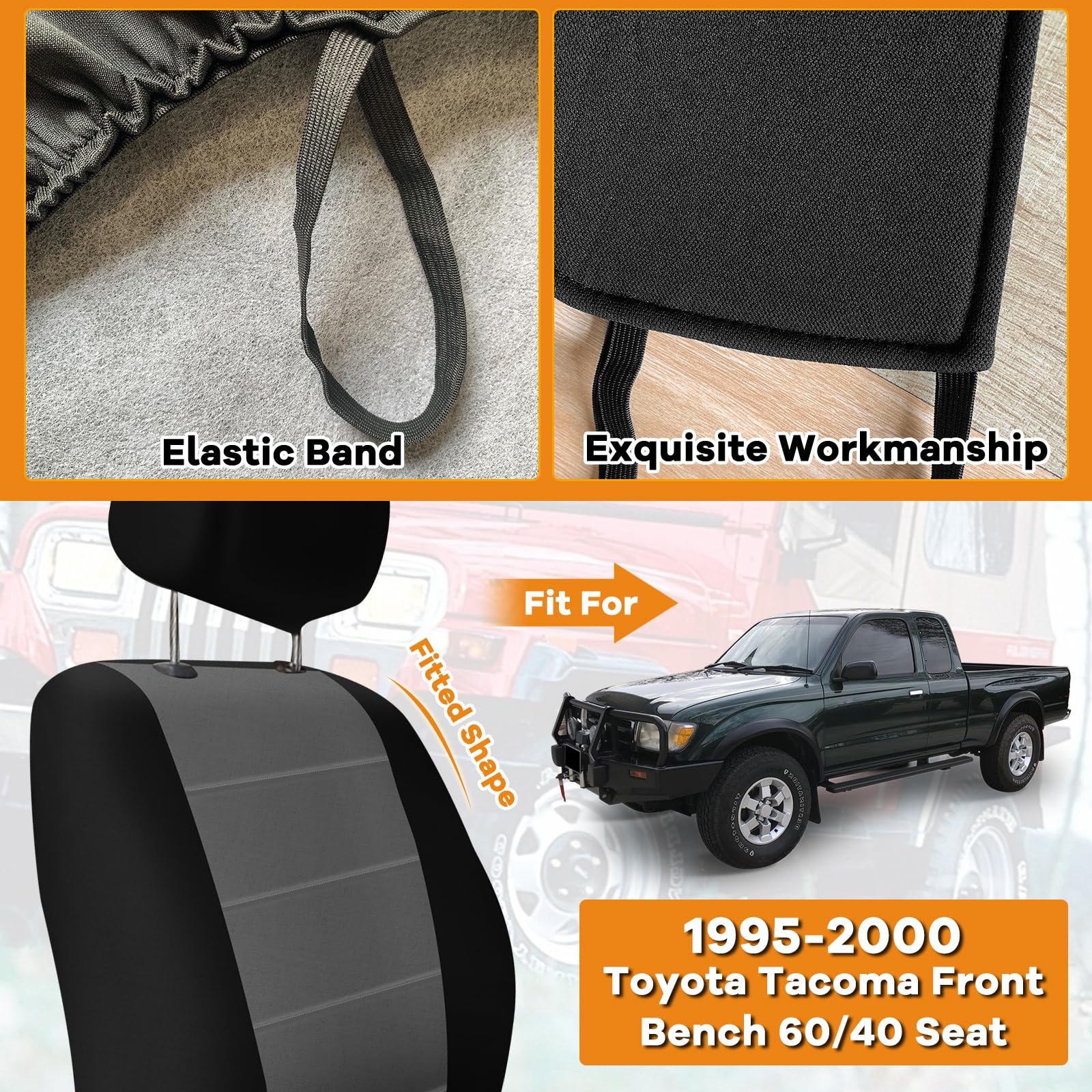 Durable Truck Seat Cover for 1995-2000 Toyota Tacoma - Knitted 60/40 Split Bench Seat Protector with 2 Headrest Covers & Center Console - Black & Charcoal - Perfect for Work Trucks, Off-Roading & Daily Commutes