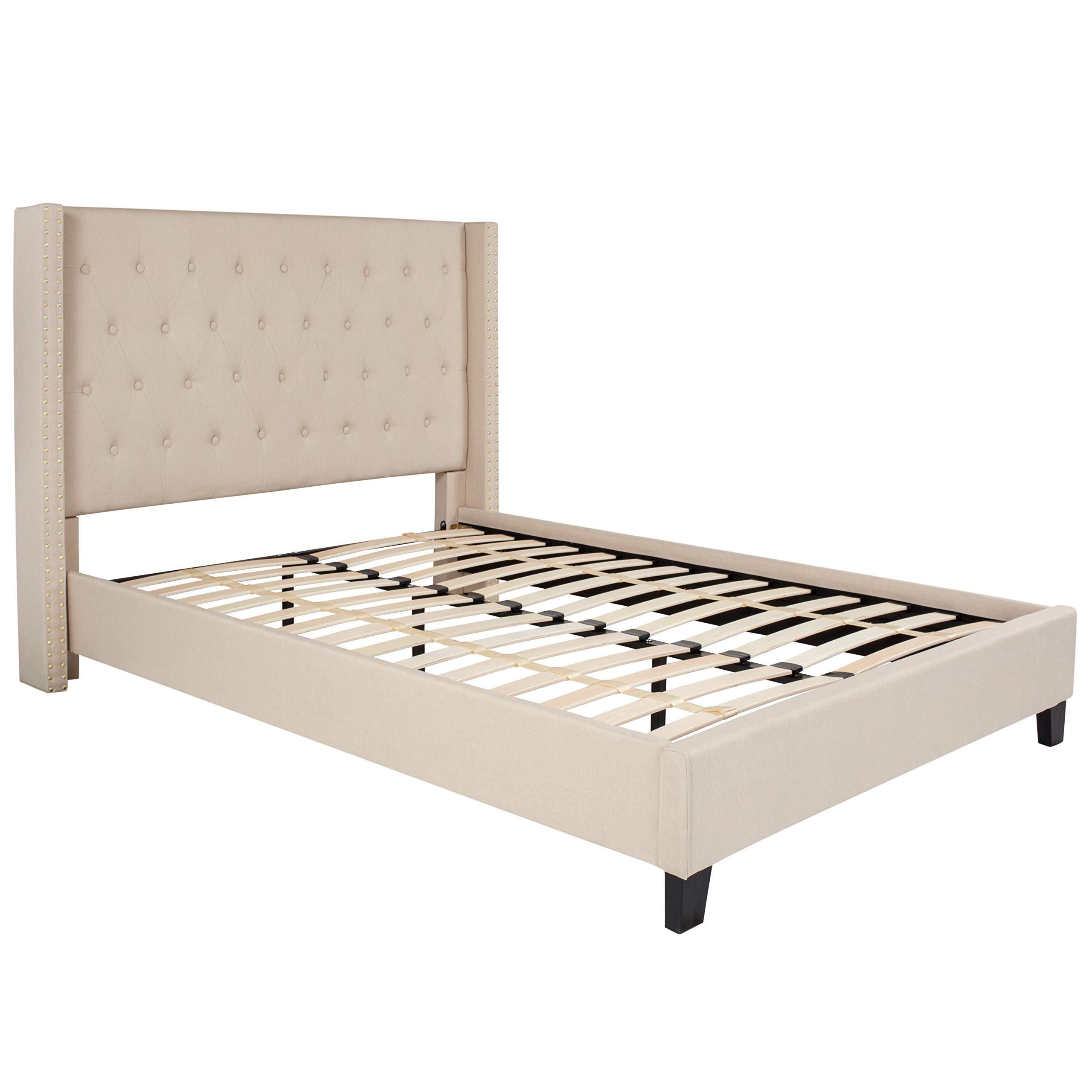 Full Accent Extended Panel Platform Bed Frame - Beige Fabric Upholstered Queen Size Bed with Headboard | Modern Bedroom Furniture for Small Spaces & Guest Rooms