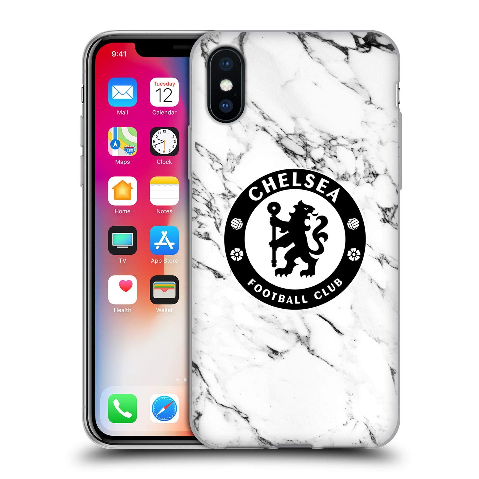 Officially Licensed Chelsea FC White Marble Crest Soft Gel Phone Case for iPhone X/Xs - Durable Protection with Stylish Football Club Design, Perfect for Fans & Daily Use