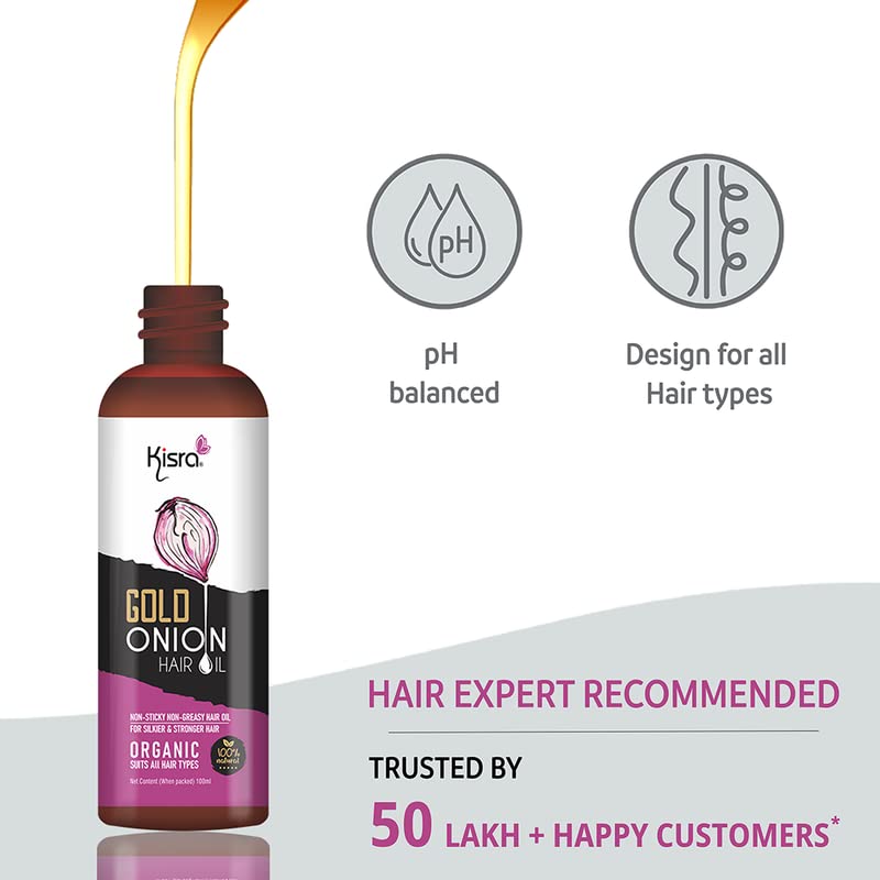 Kisra Gold Organic Onion Hair Oil for Hair Growth - 100% Natural with Black Seed, Red Onion & Coconut Oil - Controls Hair Fall & Promotes Healthy Hair - 100ml (Pack of 1) - Perfect for Daily Hair Care & Scalp Treatment