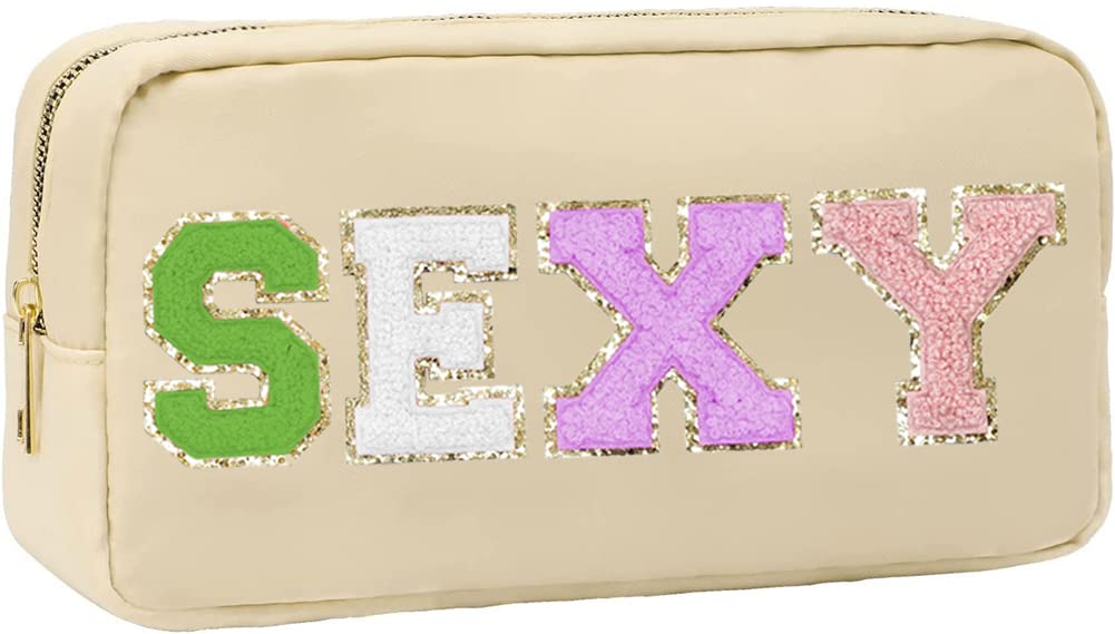 Nylon Zipper Makeup Bag for Women | Chenille Letter Cosmetic Pouch | Travel & Daily Use