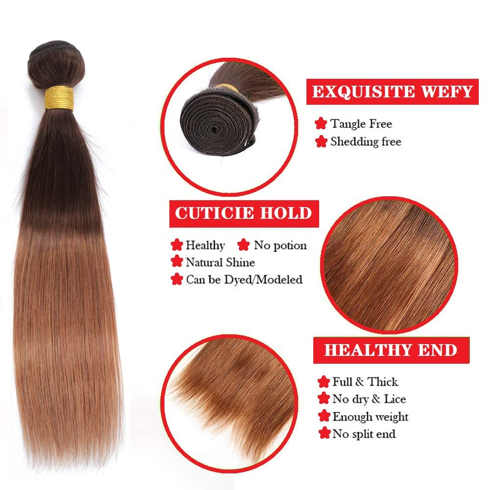 10A Brazilian Virgin Remy Human Hair Bundles - 100% Unprocessed Straight Ombre Hair Extensions (T4/30, 16 18 20 Inch) - 2 Tone Black to Honey Brown for Length & Volume - Perfect for Daily Wear, Styling & Special Occasions