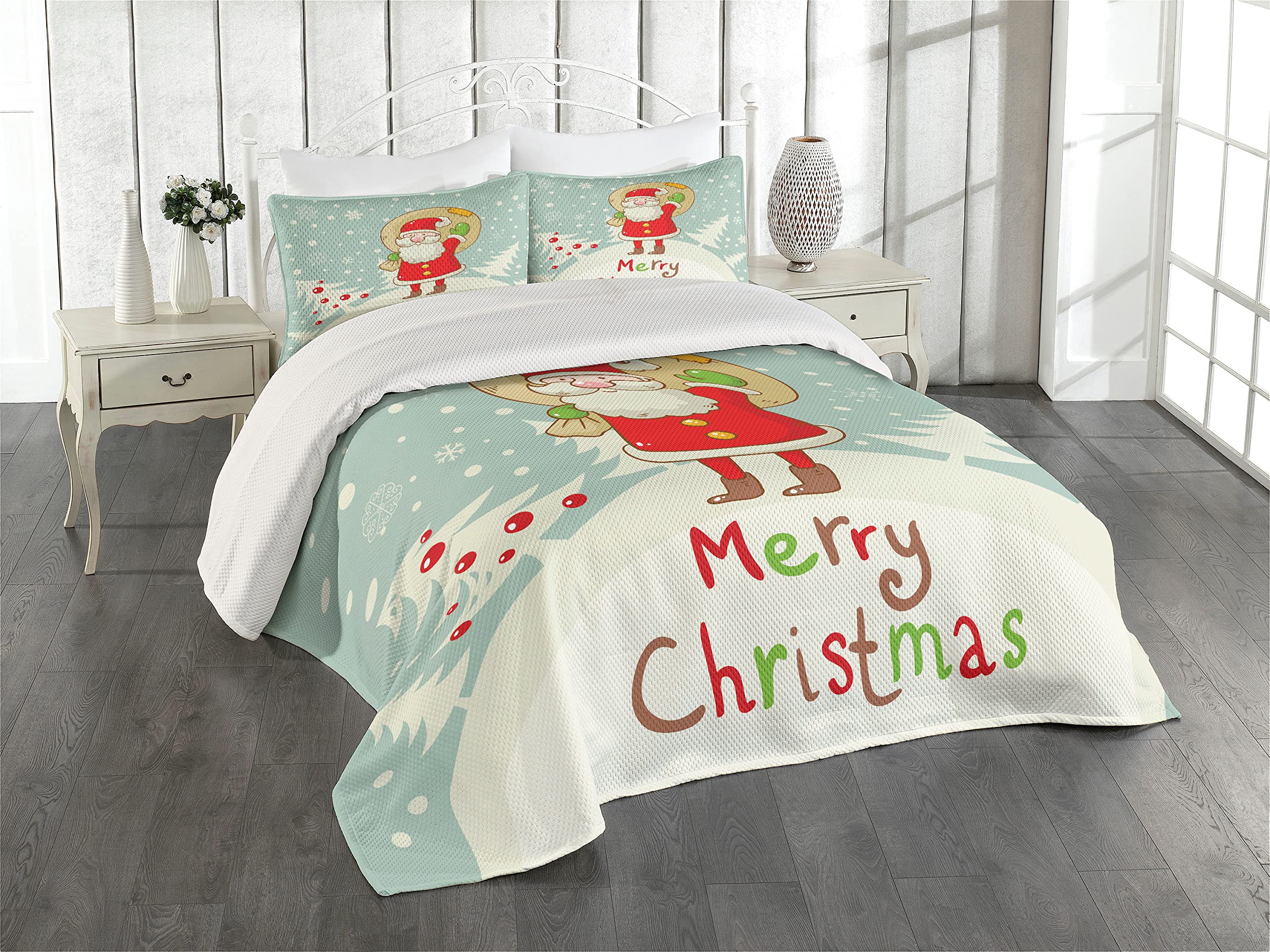 Ambesonne Santa Christmas Quilted Bedspread Set - 3 Piece King Size Holiday Bedding with 2 Pillow Shams, Festive Santa & Presents Design on Snowy Forest - Perfect for Holiday Decor & Cozy Winter Nights