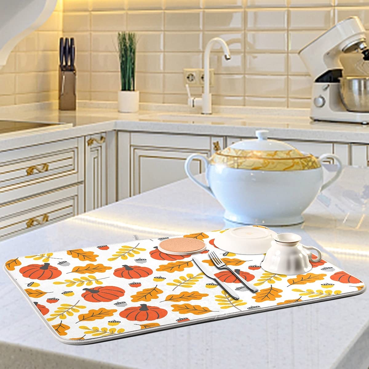 Fall Pumpkin Maple Leaves Dish Drying Mat - Fast Absorbent Kitchen Counter Mat for Thanksgiving Dishes