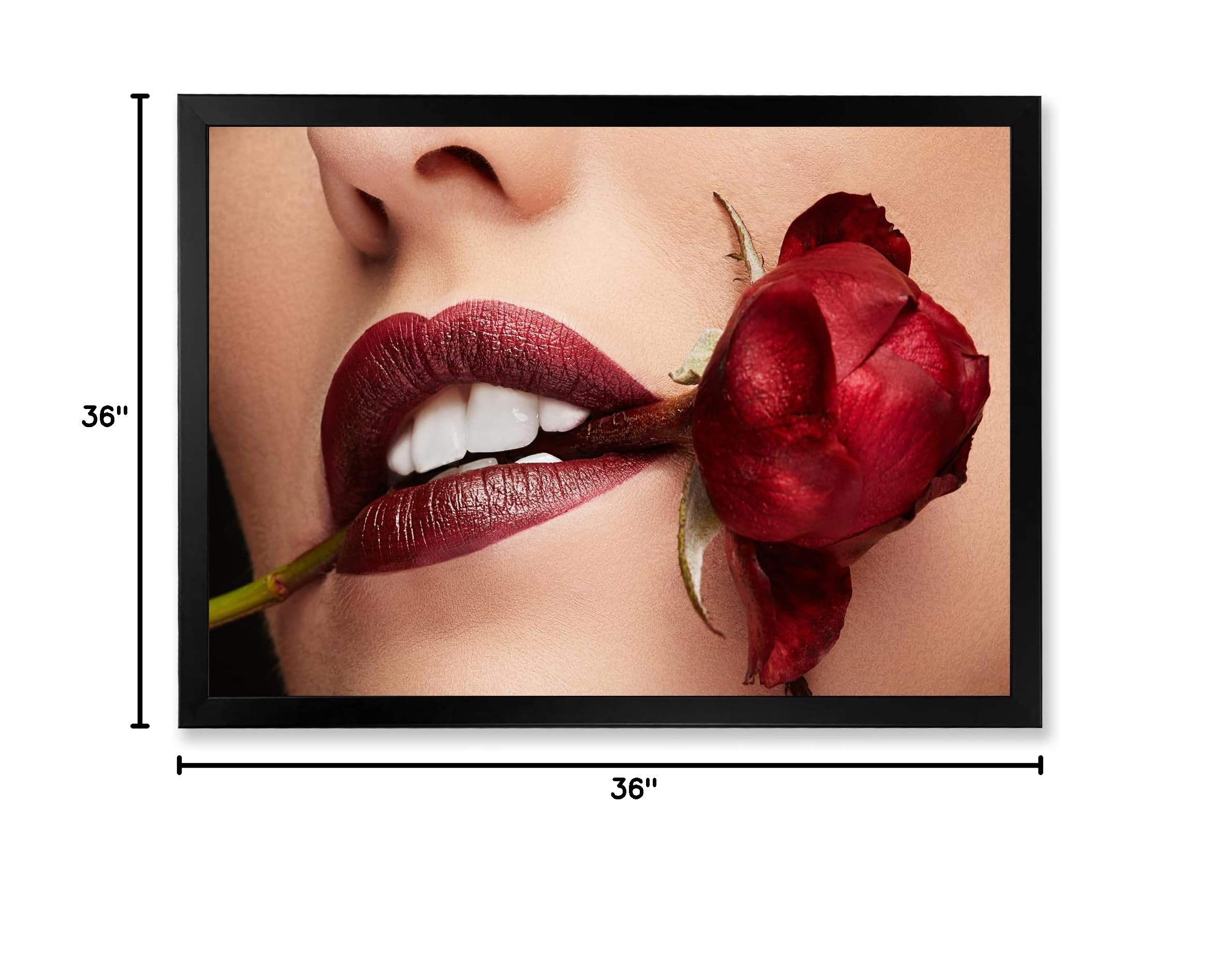 DesignQ Modern Framed Wall Art - Woman with Red Lipstick Holding Rose in Mouth - Perfect for Living Room, Bedroom & Office Decor