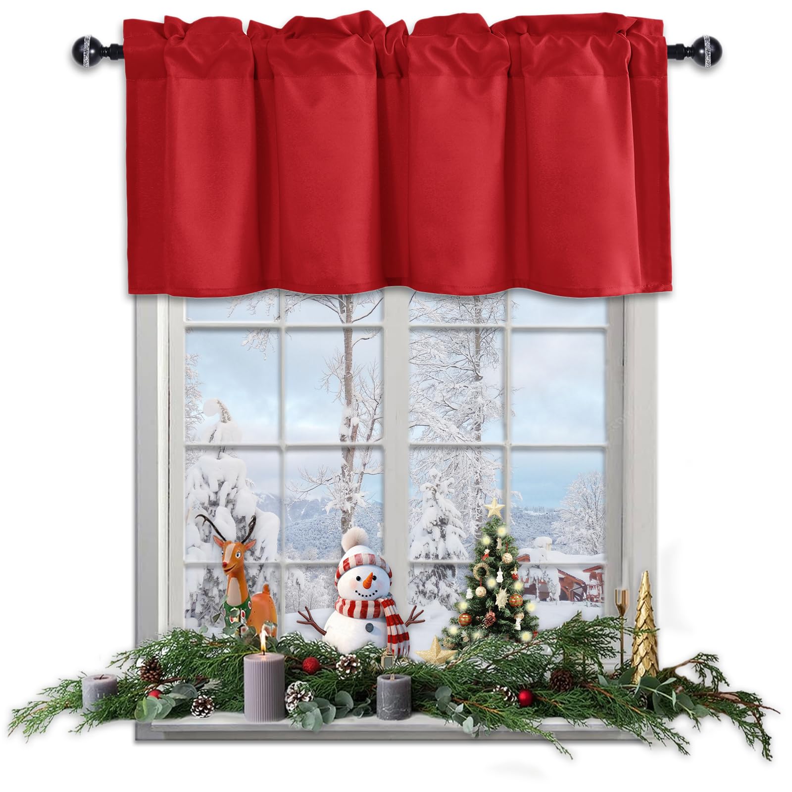 JIUZHEN Christmas Valance Curtains - 52 x 18 Inches, Red, Thermal Insulated Short Rod Pocket Window Panels for Kitchen, Living Room, Bathroom & Basement - Festive Holiday Home Decor for Windows