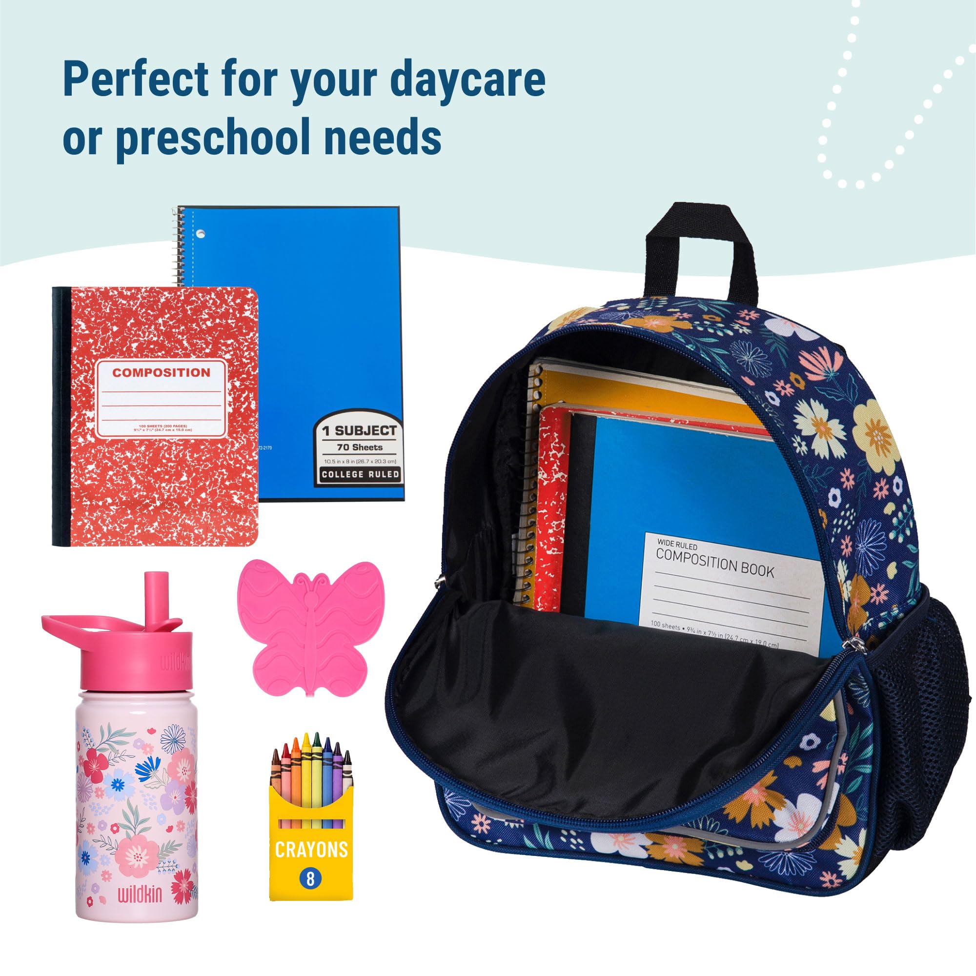 Wildkin 12-inch Kids Backpack with Padded Shoulder Straps - Adjustable School Backpack for Boys & Girls, Perfect for Daycare, Preschool & Travel (Wildflower Bloom Design) - Great for School Supplies, Field Trips & Family Vacations
