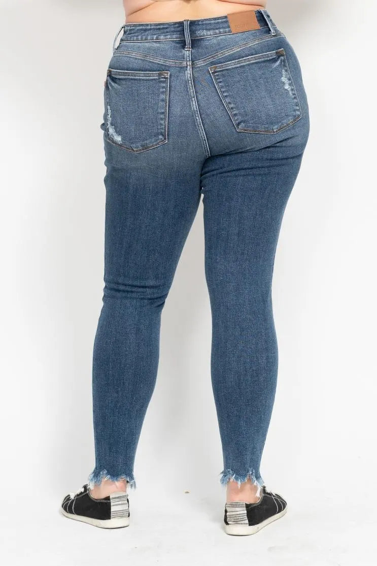 Judy Blue Plus Size High Waist Skinny Jeans with Distressed & Shark Bite Hem - Trendy Women's Denim Pants for Casual Wear & Night Out